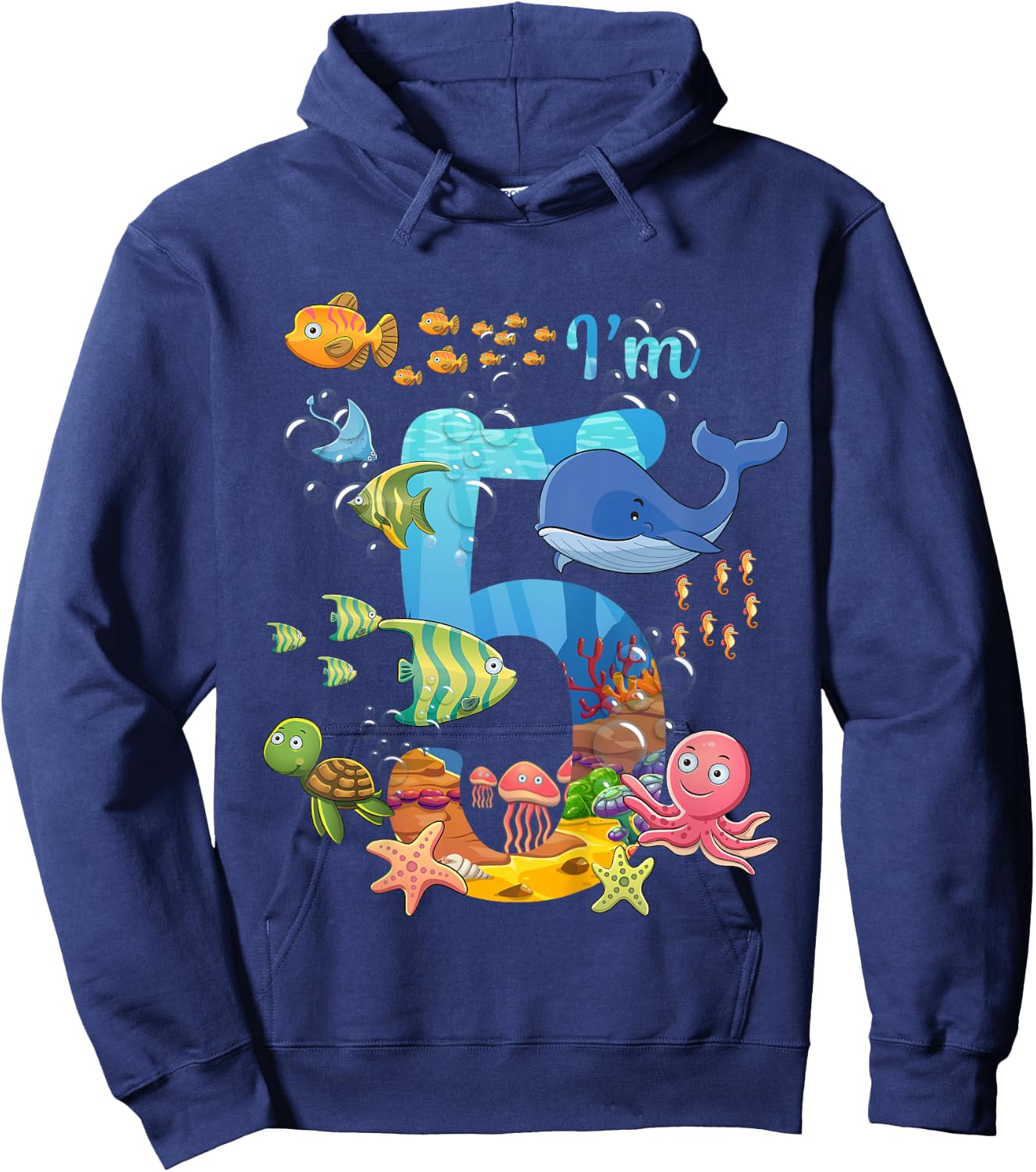 Kids 5 Years Old Whale Fish Ocean Theme 5th Birthday Boy Girl , black Hoodie - Hoodie | Navy