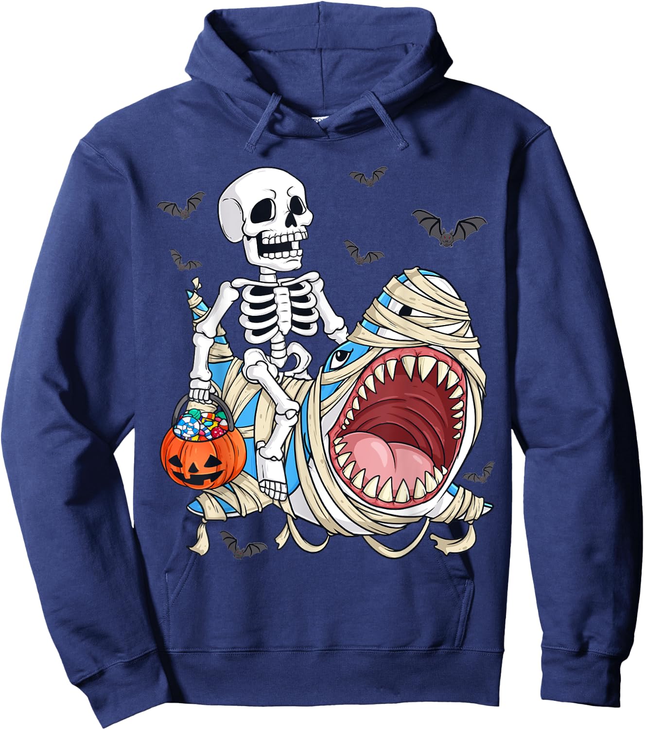 Skeleton Riding Mummy Shark Funny Halloween Pumpkin Kids Hoodie - Hoodie | Navy