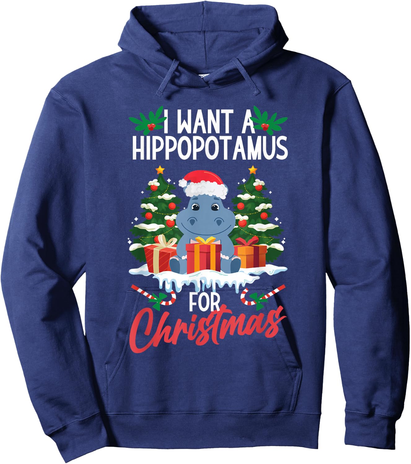Hippopotamus Merry Christmas Santa Xmas Family Adults Kids Hoodie - Hoodie | Navy
