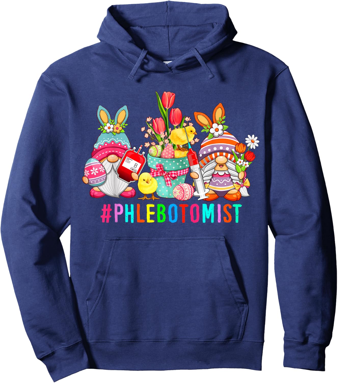 Phlebotomist Easter Bunny Gnomes With Chicks Hunting Eggs Hoodie - Hoodie | Navy