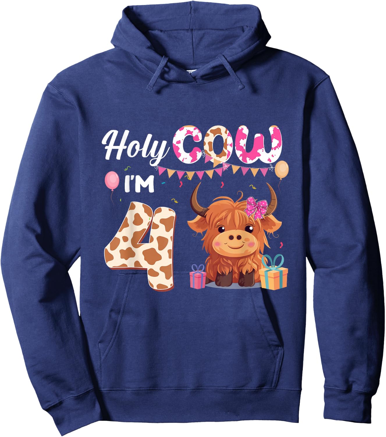 Holy Cow I'm 4 Year Old Birthday Highland Cow 4th Bday Kid Hoodie - Hoodie | Navy