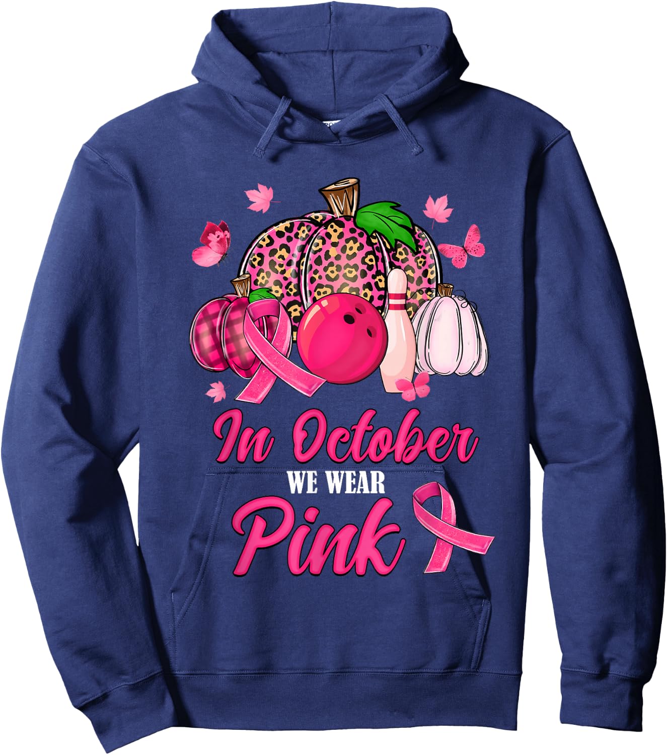 In October We Wear Pink Bowling Pumpkin Breast Cancer Gifts Hoodie - Hoodie | Navy