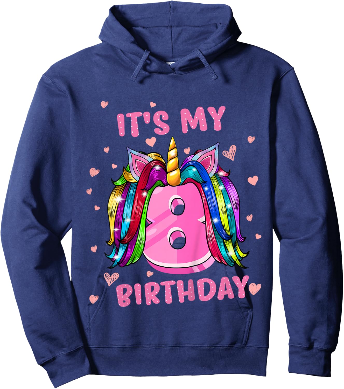 Kids Unicorn Hair It's My 8 Birthday Hoodie - Hoodie | Navy
