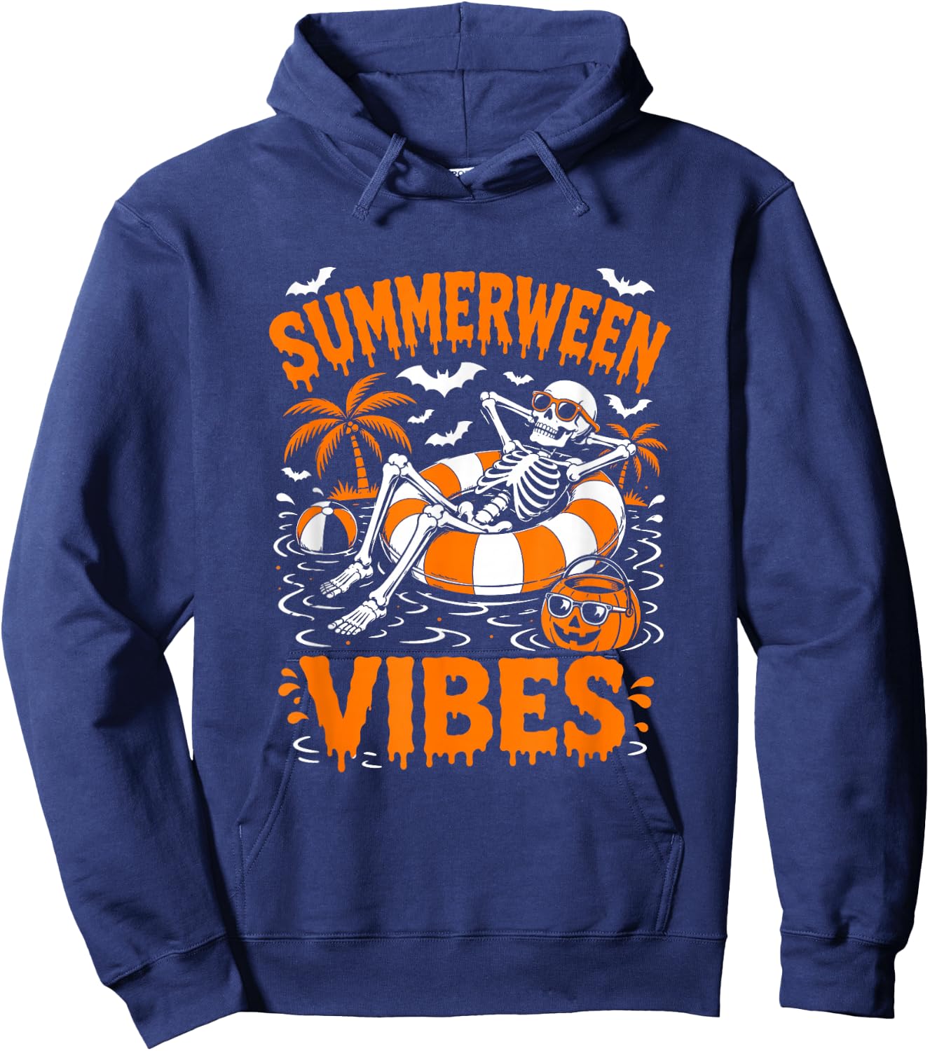 Summerween Vibes Skeleton Floating Pool Pumpkin Halloween Hoodie - Hoodie | Navy