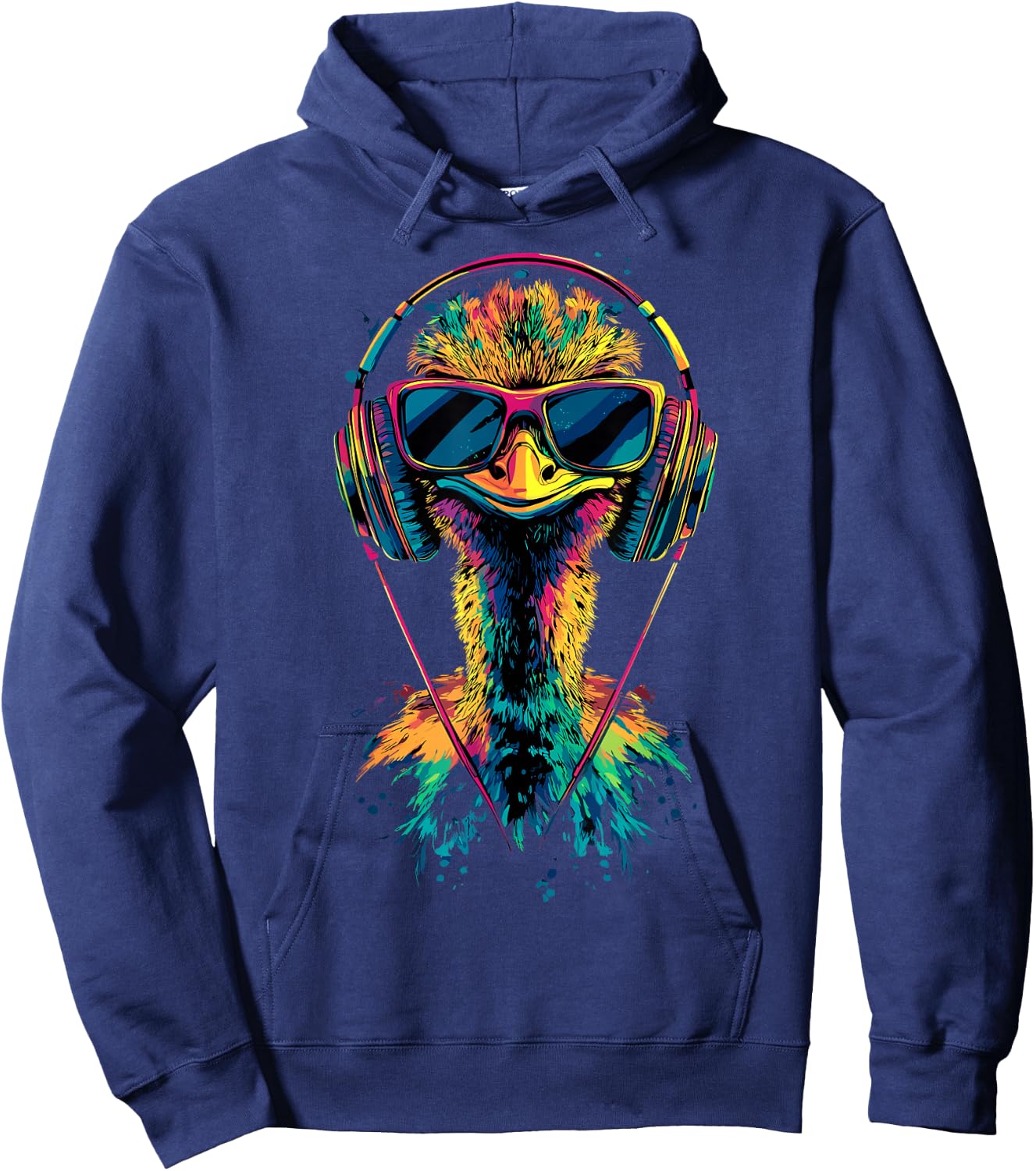 Strauss Bird Ostrich with Headphones Colourful Emu Music DJ Bouquets , black Hoodie - Hoodie | Navy