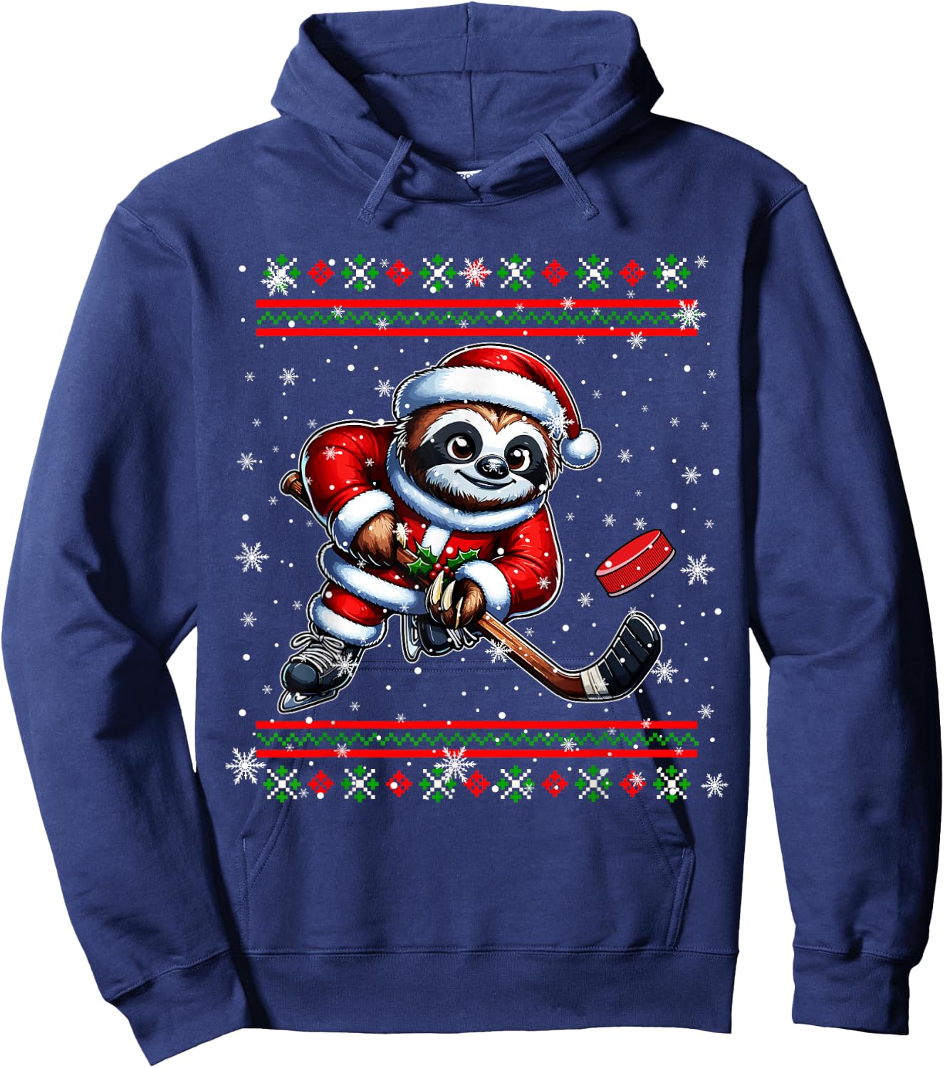 Santa Sloth Playing Hockey Christmas Sweater Player Lover Hoodie - Hoodie | Navy