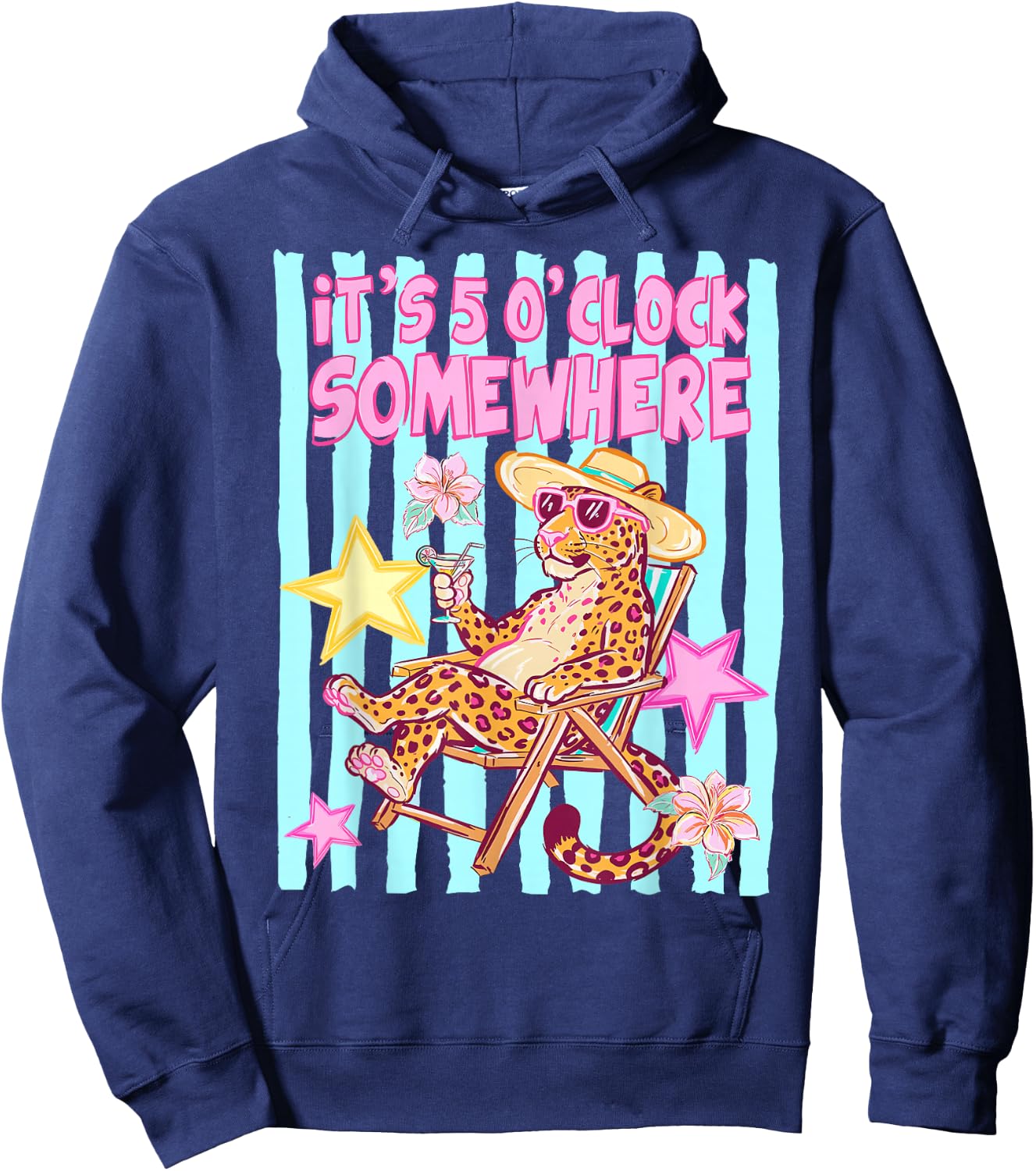 Striped It’s 5 O’Clock Somewhere Beach Vibes Leopard Hoodie - Hoodie | Navy