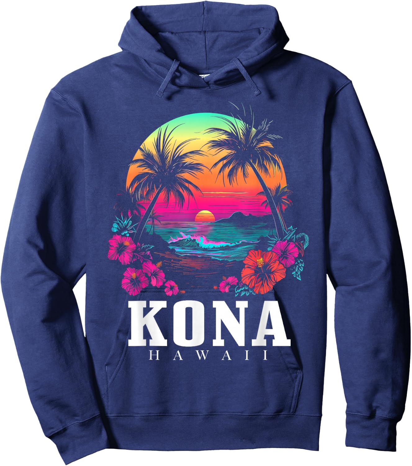 Kona Hawaii Hawaiian Hibiscus Flowers Surfer Souvenir Hoodie - Hoodie | Navy