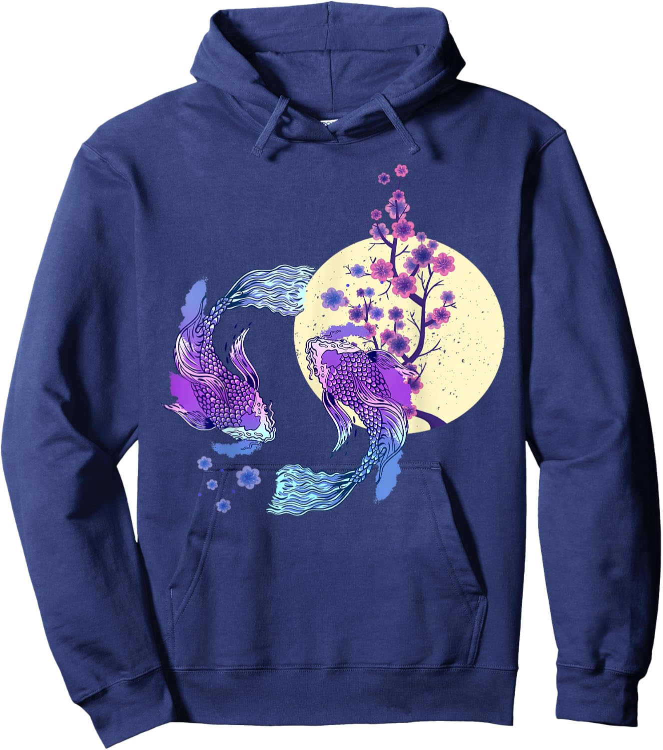 Koi Japanese Koi Carp Full Moon Yin Yang Cherry Blossom Hoodie - Hoodie | Navy
