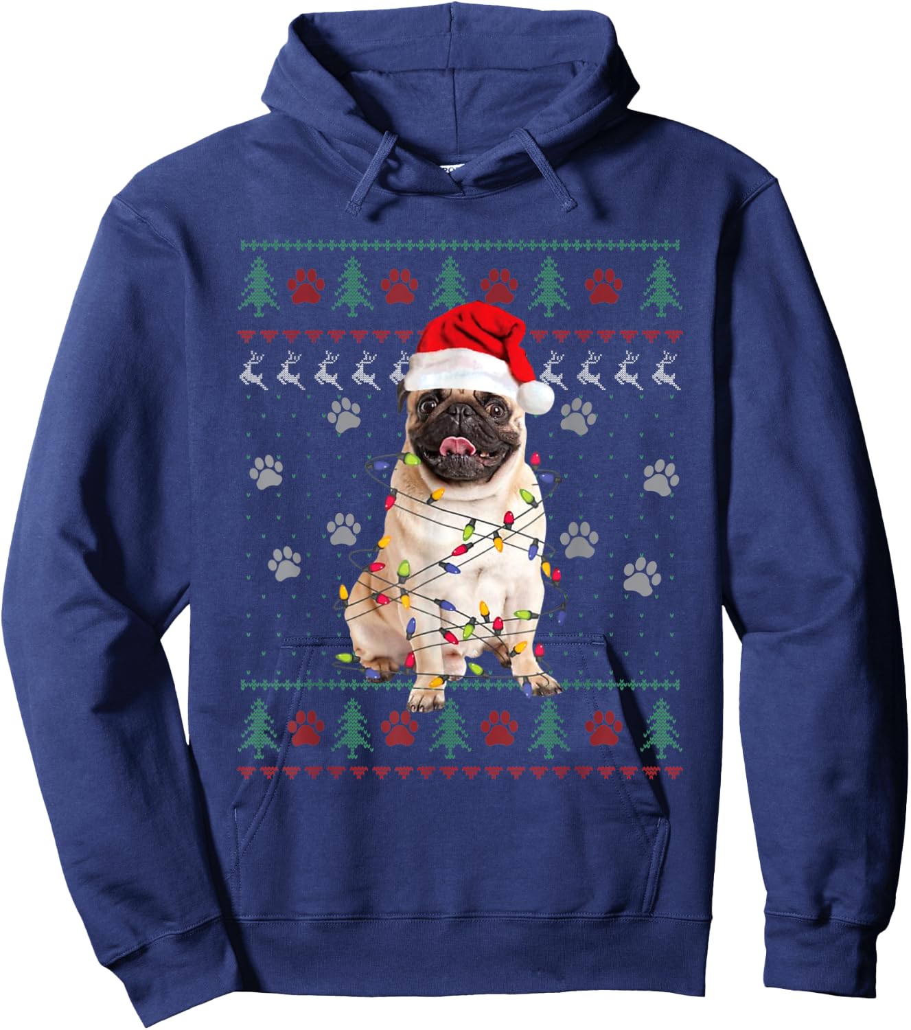 Pug Dog Ugly Christmas Sweater Santa Hat Animal Xmas Pajama Hoodie - Hoodie | Navy