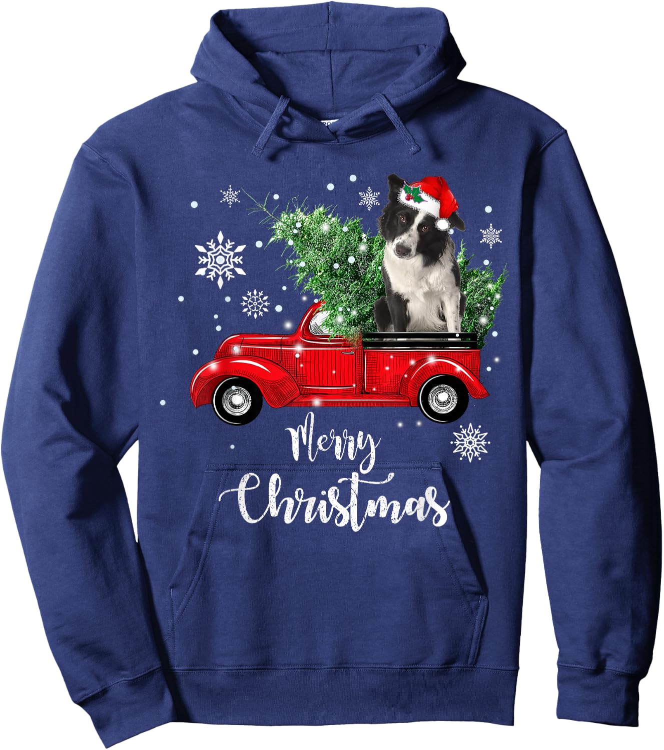 Red Truck Merry Christmas Tree Border Collie Dog Christmas Hoodie - Hoodie | Navy