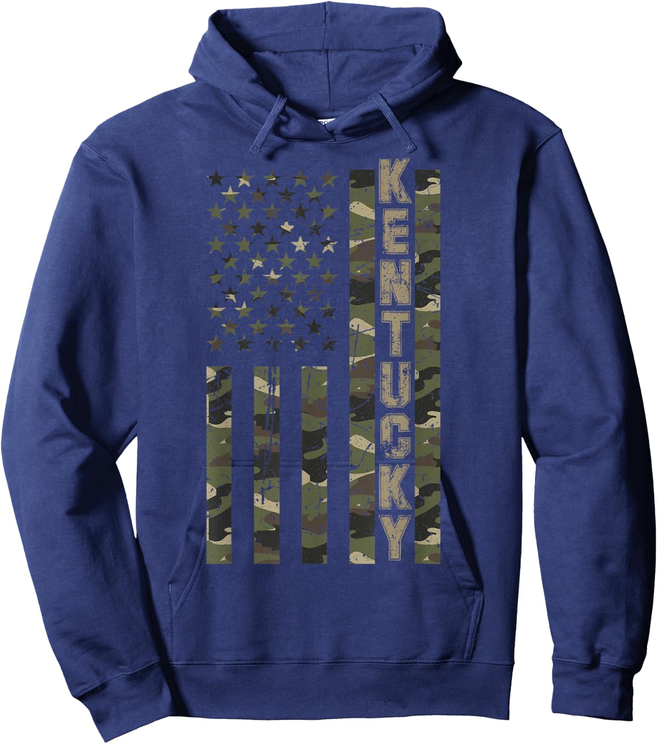 Kentucky United States Distressed Camo w US Flag Hoodie - Hoodie | Navy