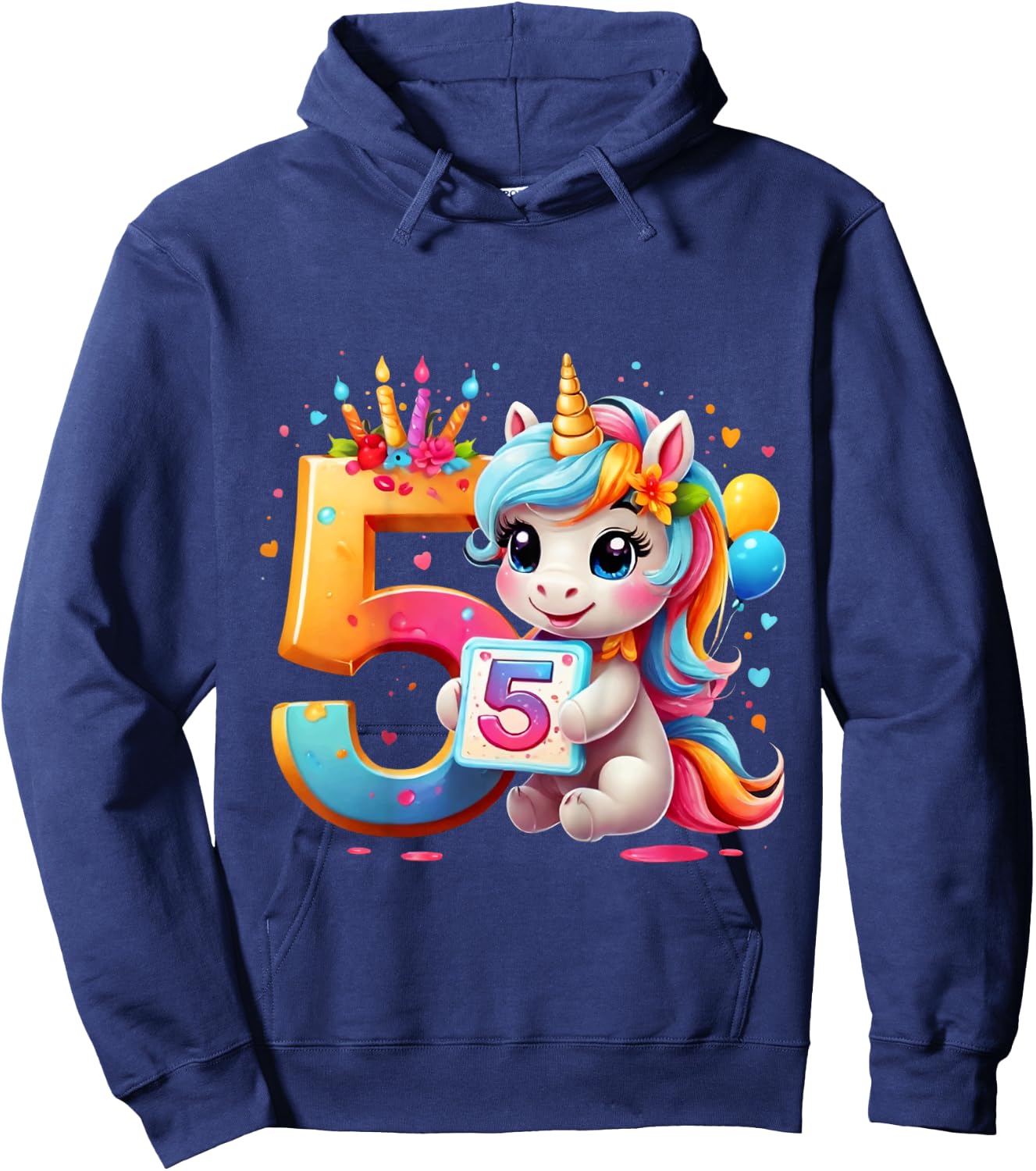 Children's Number 5 Years Girls Unicorn 5th Birthday , black Hoodie - Hoodie | Navy