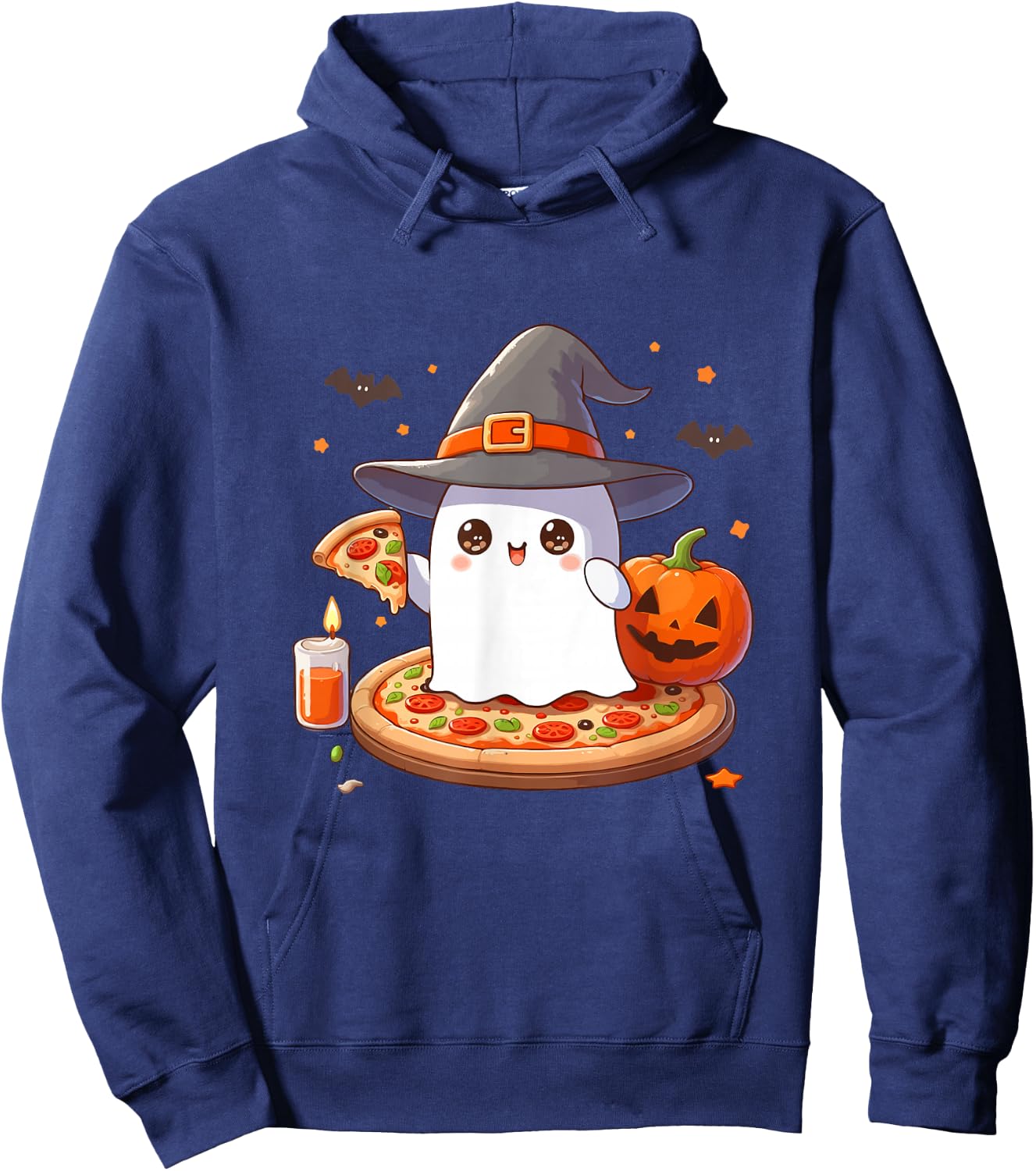 Halloween Cute Ghost Eating Pizza, Cute Ghost Pumpkin Pizza Hoodie - Hoodie | Navy