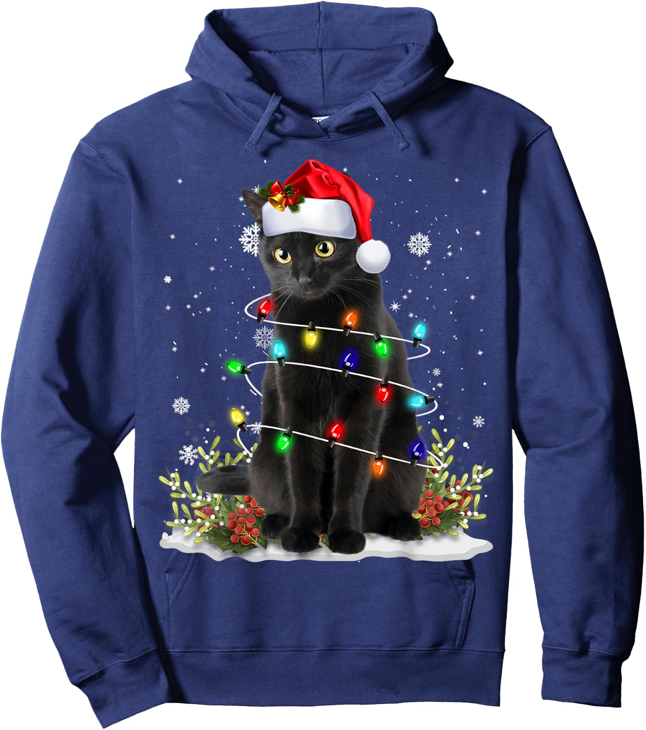 Black Cat Christmas Santa Hat Funny Meowy Cats Women Men Hoodie - Hoodie | Navy