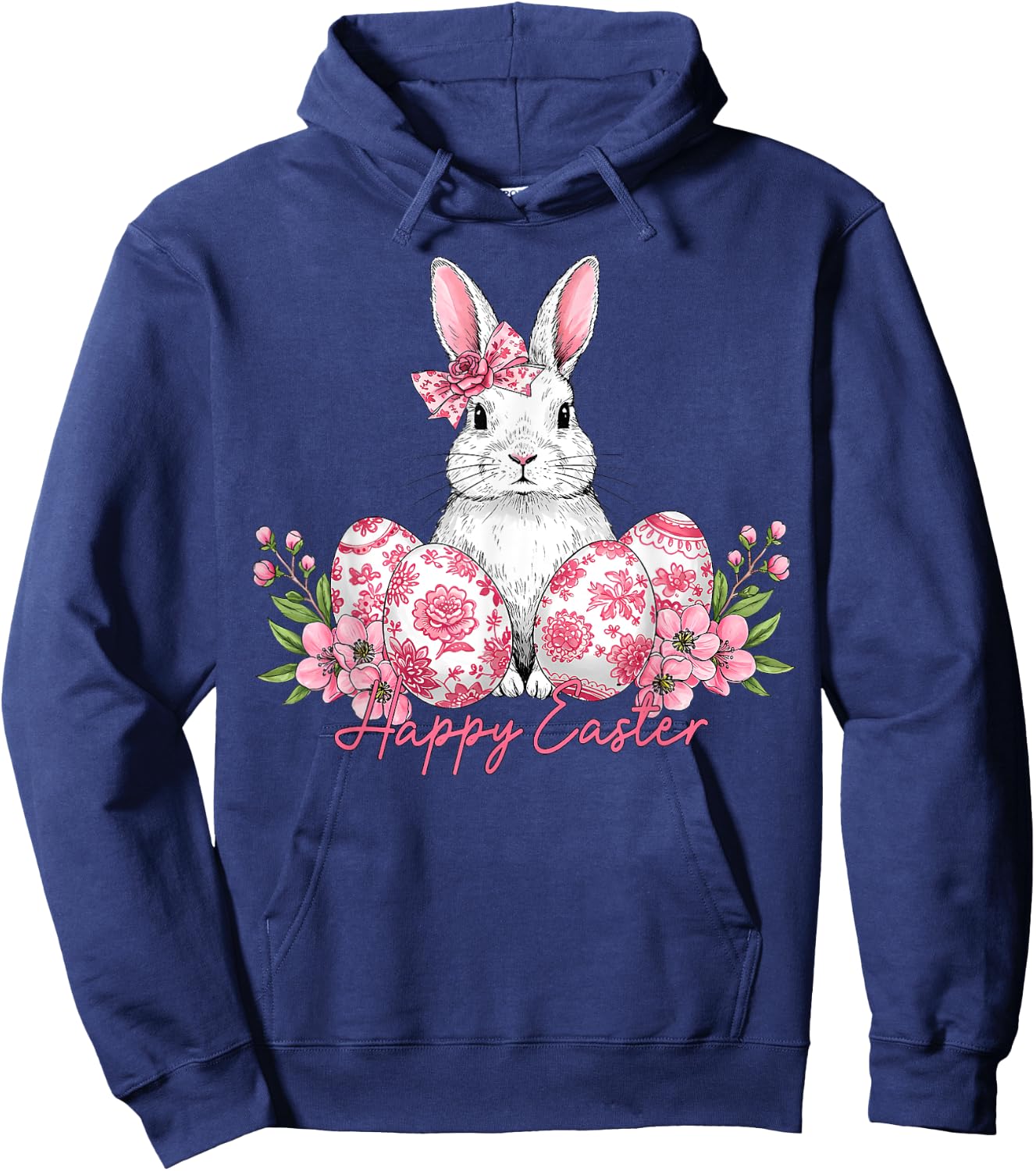 Happy Easter Chinoiserie Eggs Florals Bunny Coquette Bow Hoodie - Hoodie | Navy