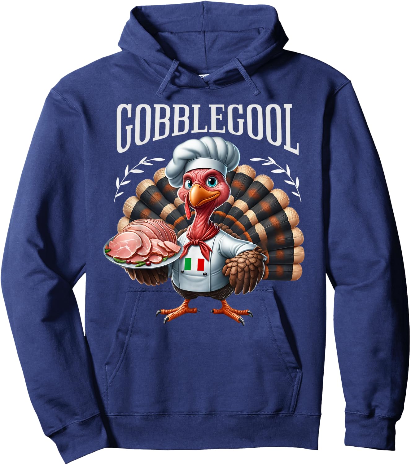 Funny Gobblegool Turkey Cheef Shirt - Adults Thanksgiving Retro Cartoon Turkey - Black, Small, Short Sleeve Hoodie - Hoodie | Navy