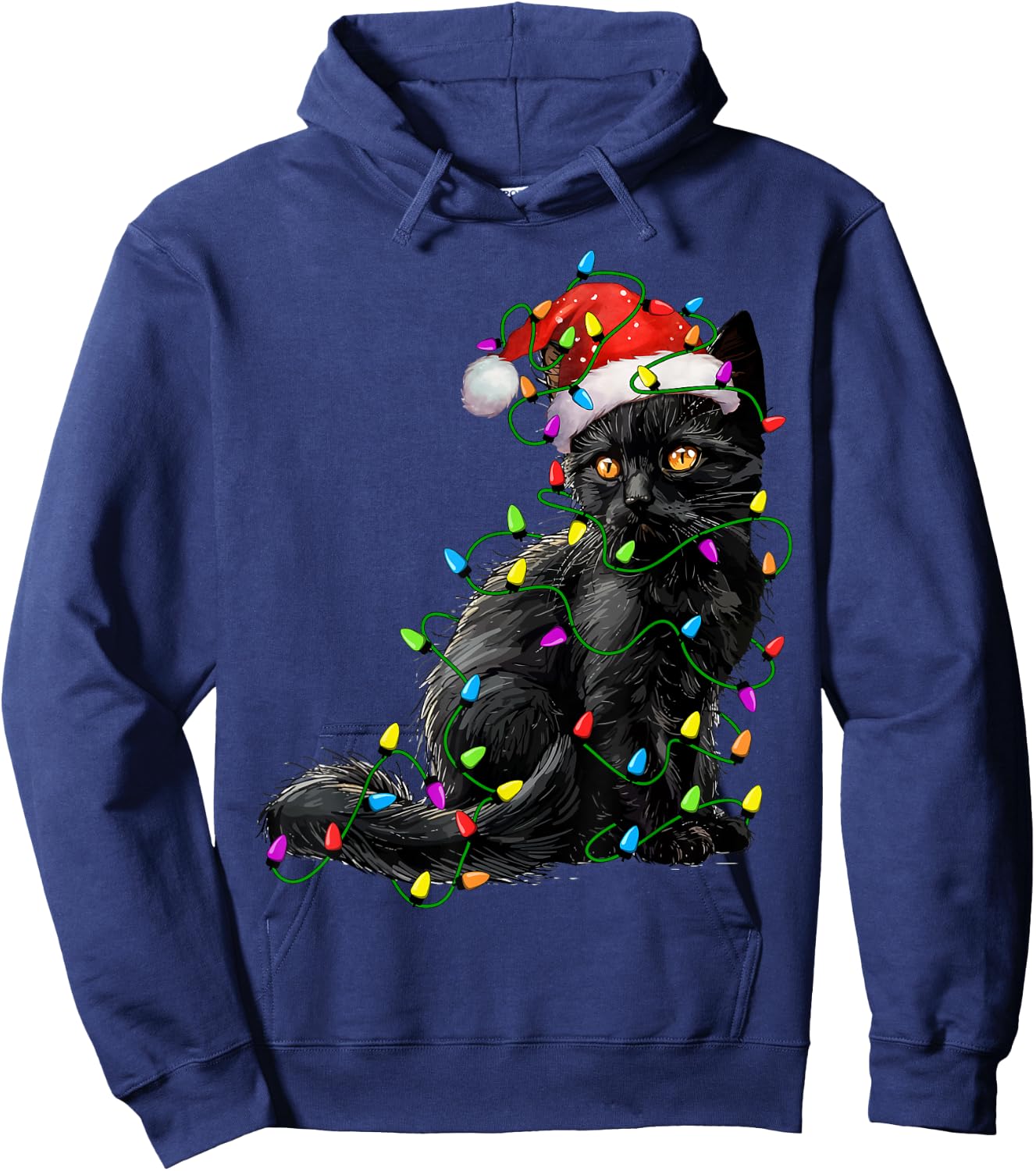 Black Cat Santa Christmas Tree Lighting Xmas Funny Hoodie - Hoodie | Navy