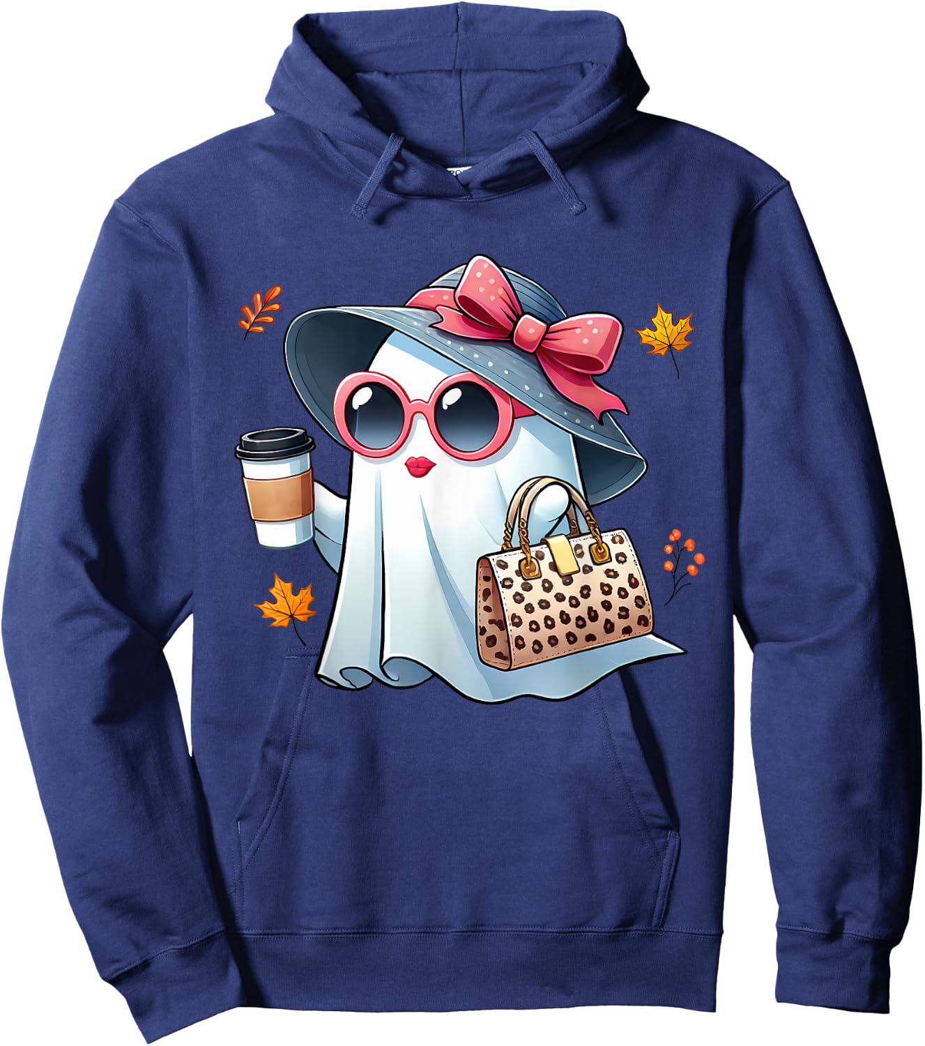 Cute Ghost Halloween Boujee Drinking Coffee Women Girls Fall Hoodie - Hoodie | Navy