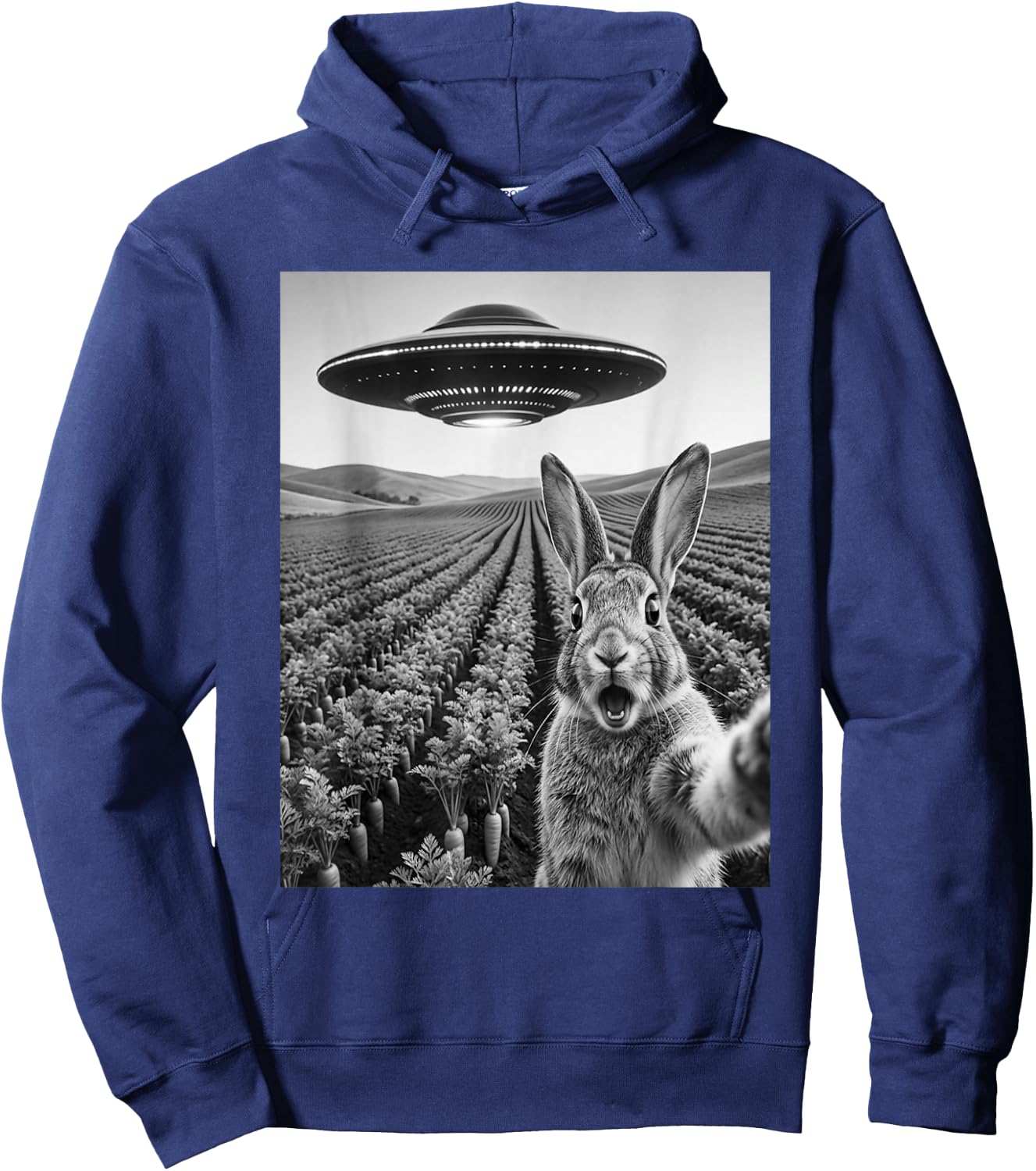 Rabbit Selfie with Alien UFO Funny Rabbit Lover Men Women Hoodie - Hoodie | Navy