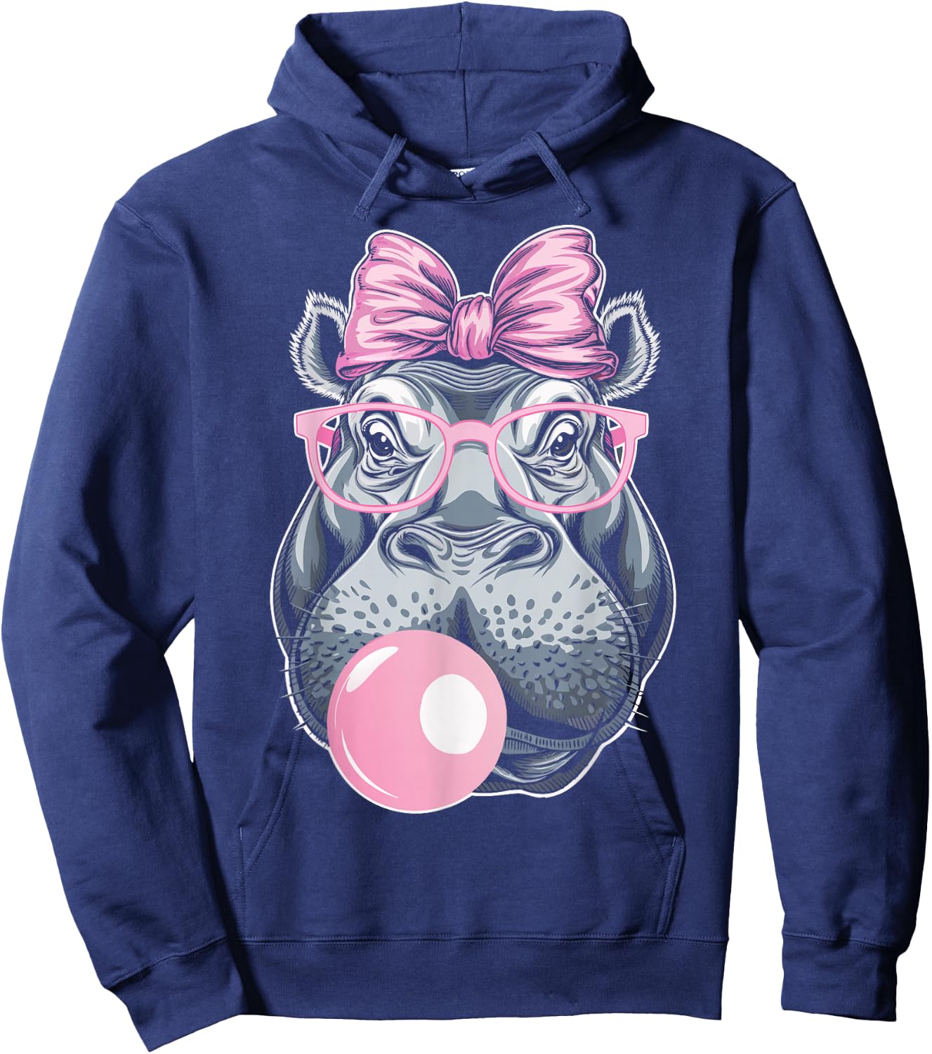 Hippo Wearing Glasses and Blowing Pink Bubble Gum Hoodie - Hoodie | Navy