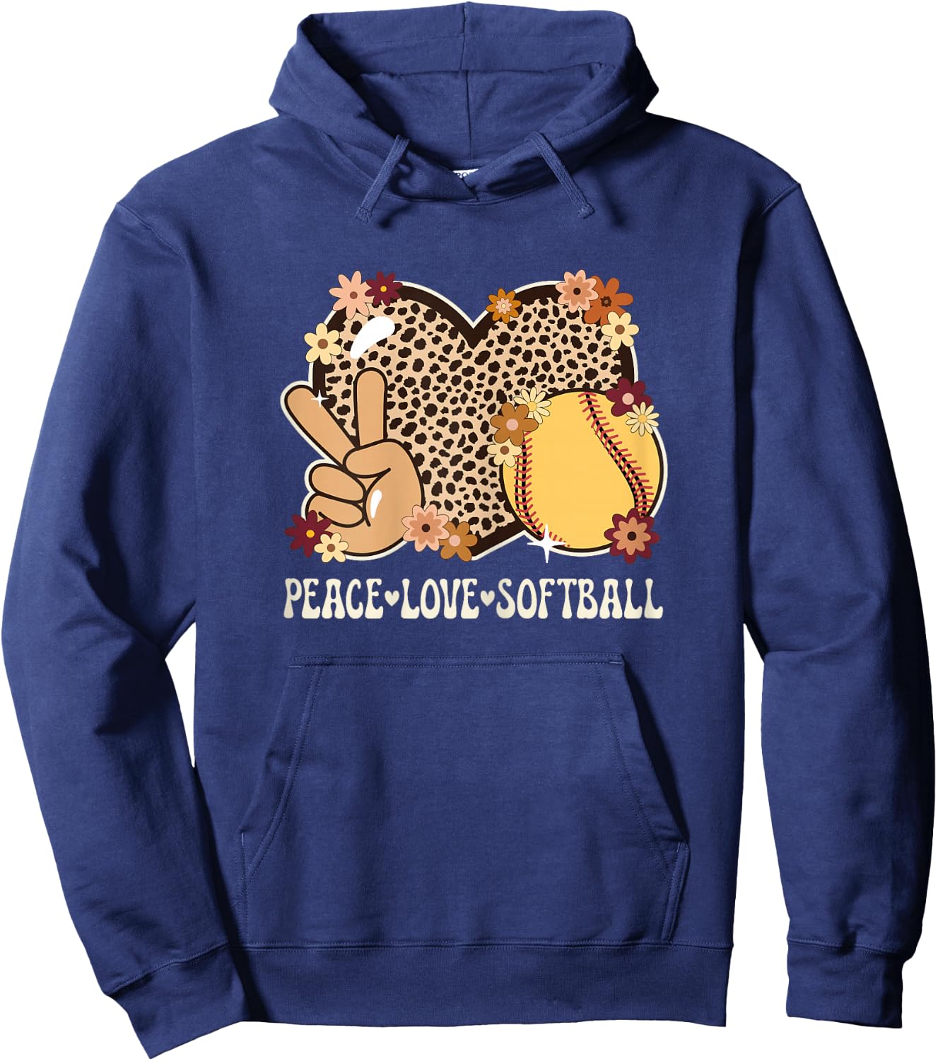 Peace Love Softball Lover Outfit Cheetah Print Girl Softball Hoodie - Hoodie | Navy