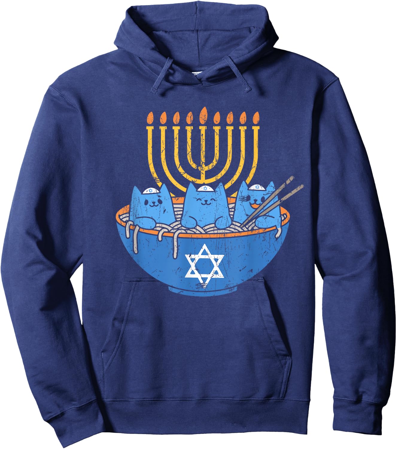Chanukah Lover Hanukkah Gifts Jewish Cats Ramen Kitten Anime Hanukkah - -Adult, Anime, Cat Lovers, Families - Black, Small, Short Sleeve Hoodie - Hoodie | Navy
