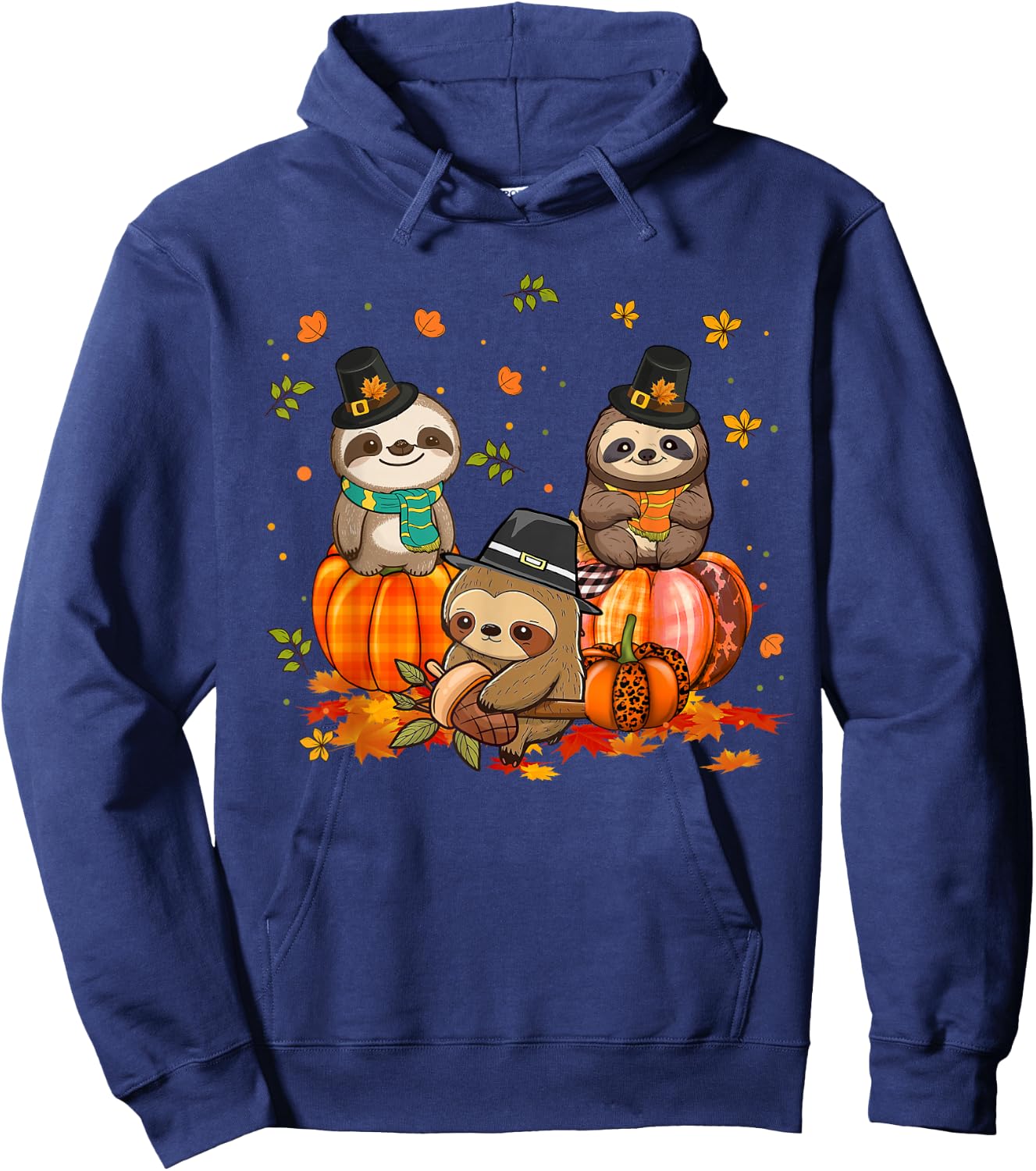 Sloth Pumpkin Leopard Buffalo Plaid Fall Thanksgiving Hoodie - Hoodie | Navy