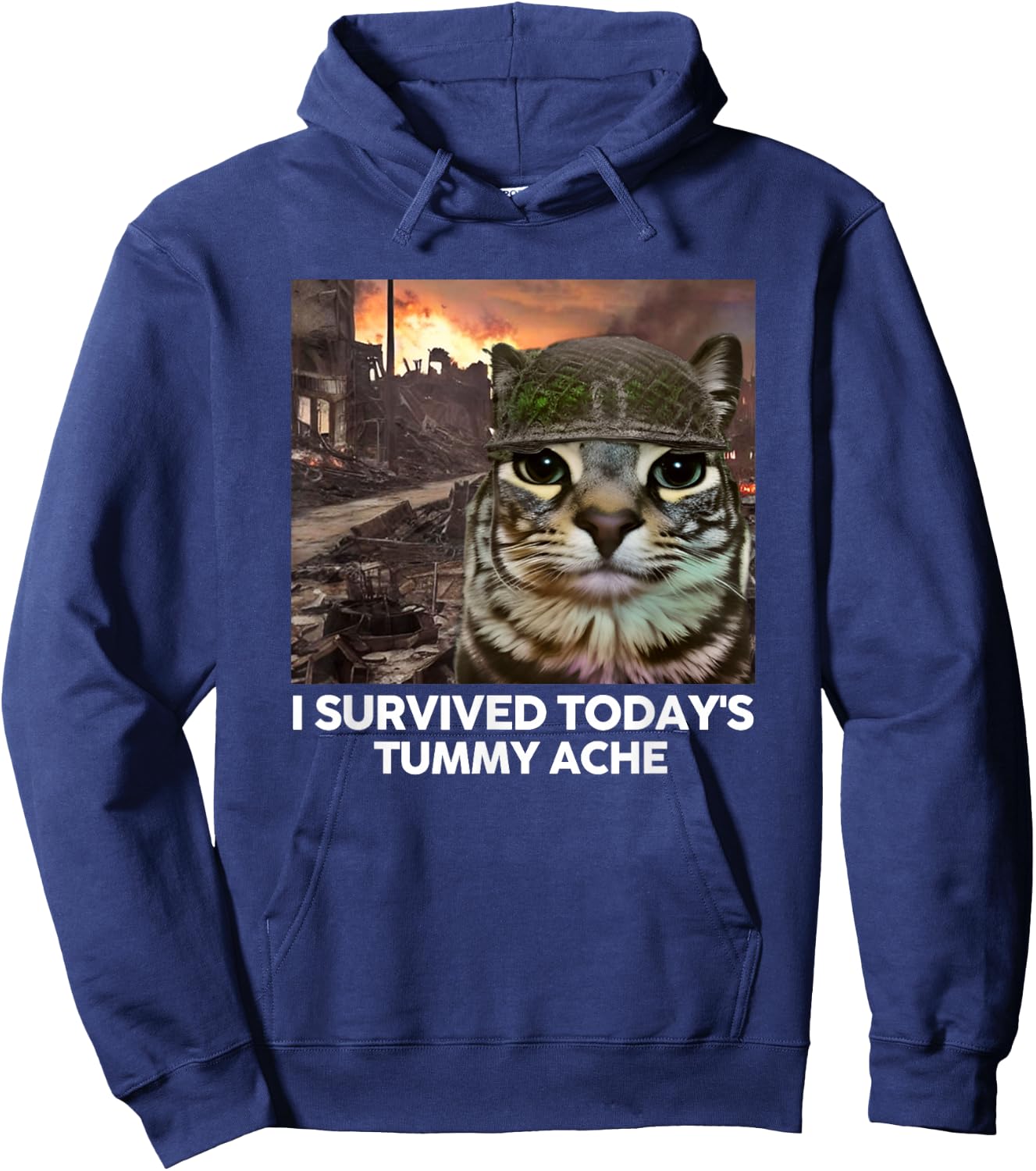 I Survived Today's Tummy Ache Funny Cat Meme Men Women Girls Kids Hoodie - Hoodie | Navy