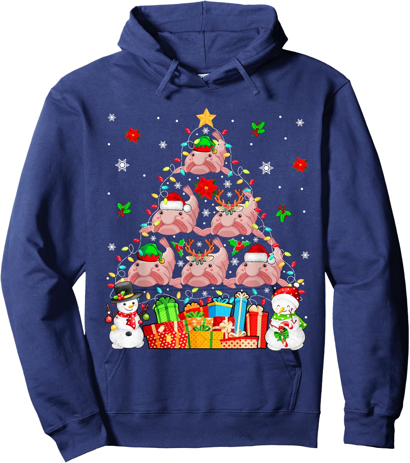 Group Santa Reindeer Elf Blobfishes As Xmas Tree Snowmen Hoodie - Hoodie | Navy