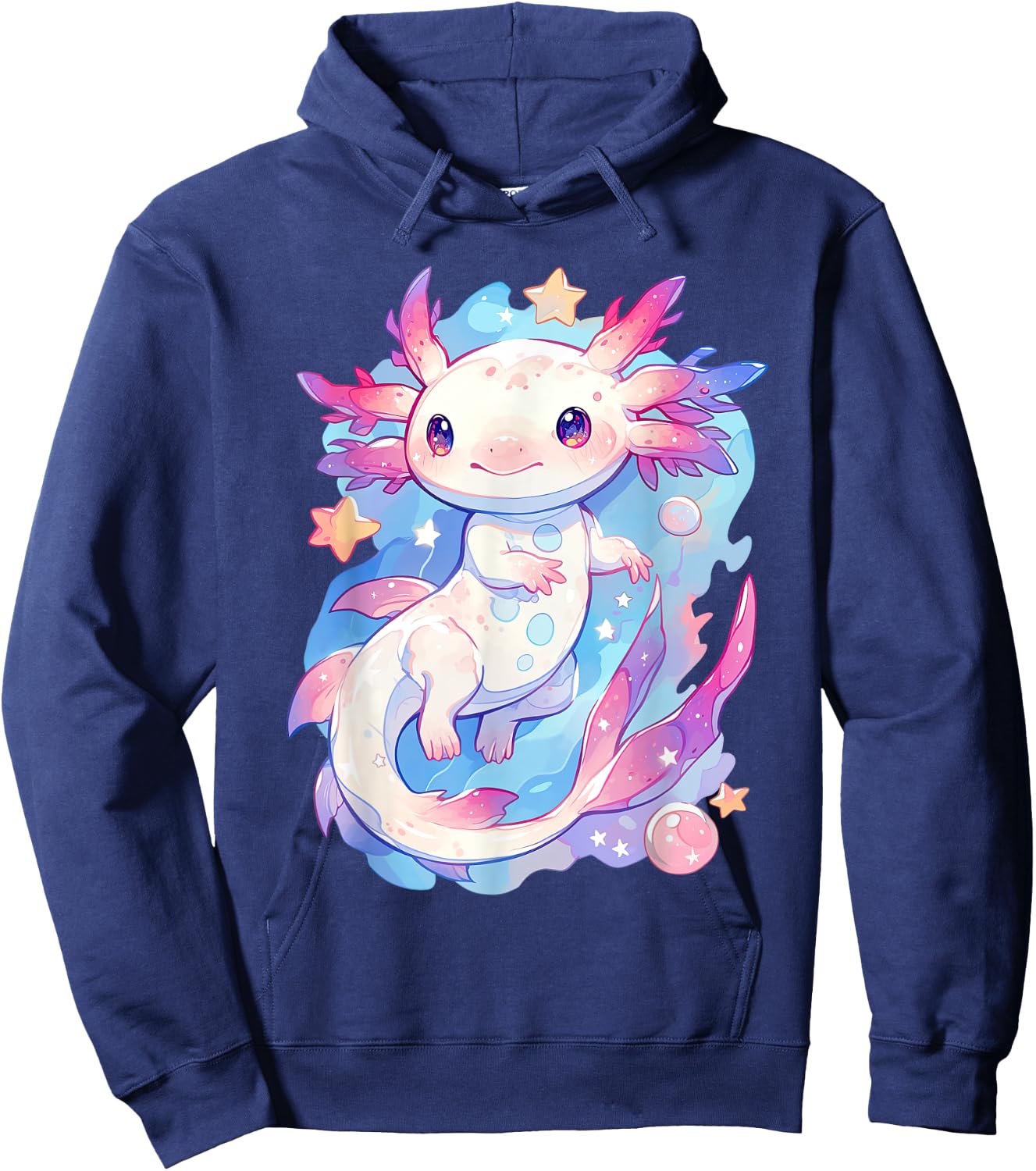 Kawaii Pastel Goth Cute Pink Axolotl with Stars and Moon Hoodie - Hoodie | Navy