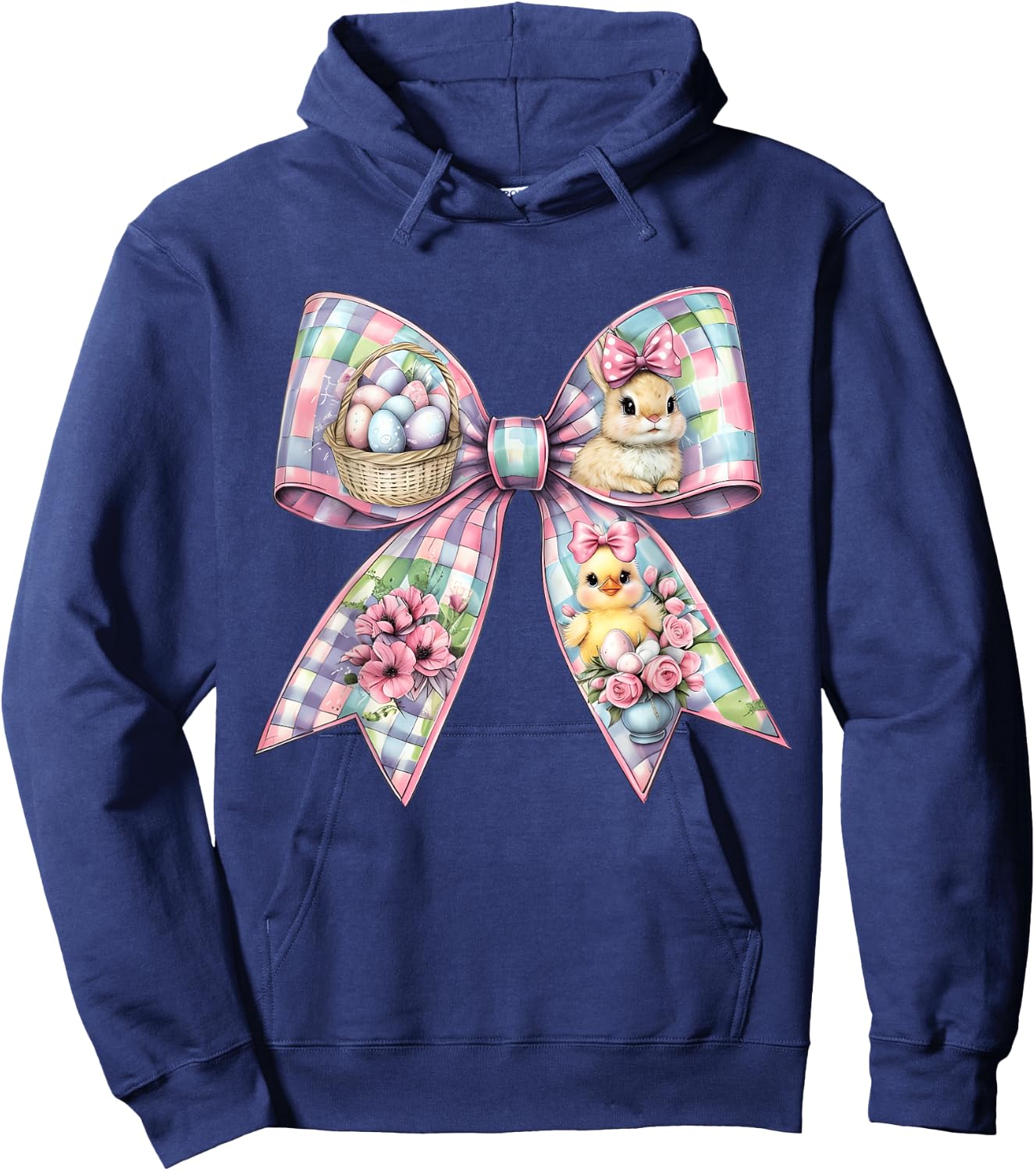 Happy Easter Bunny Coquette Bow Floral Spring Women Girl Kid Hoodie - Hoodie | Navy