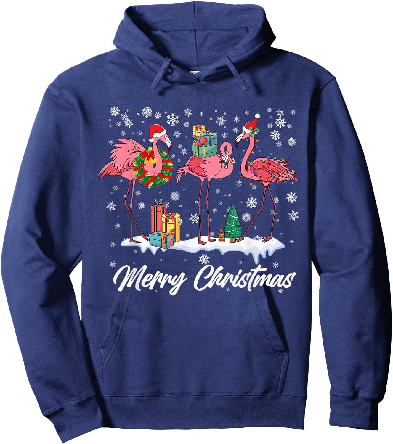Pink Flamingo Hat Santa Merry Christmas Lights Girls Hoodie - Hoodie | Navy