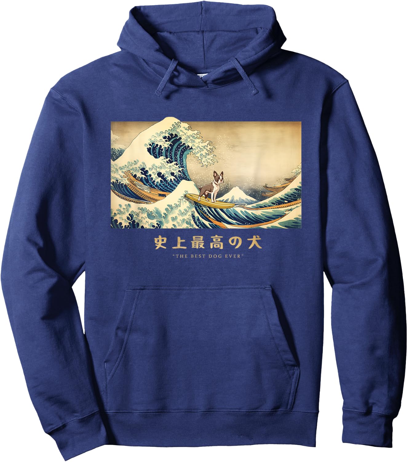 Surfing Boston Terrier Kanagawa Wave Japanese Dog Funny Women Kids Hoodie - Hoodie | Navy