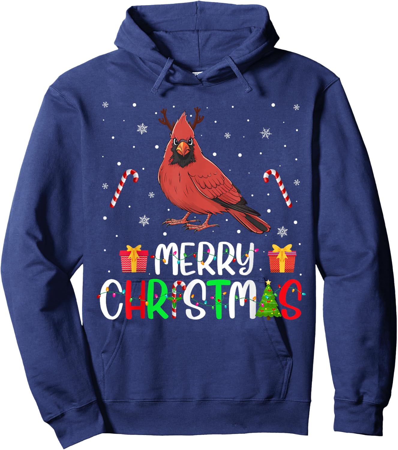 Merry Christmas Lights Cardinal Bird Reindeer Hat Xmas PJs Hoodie - Hoodie | Navy