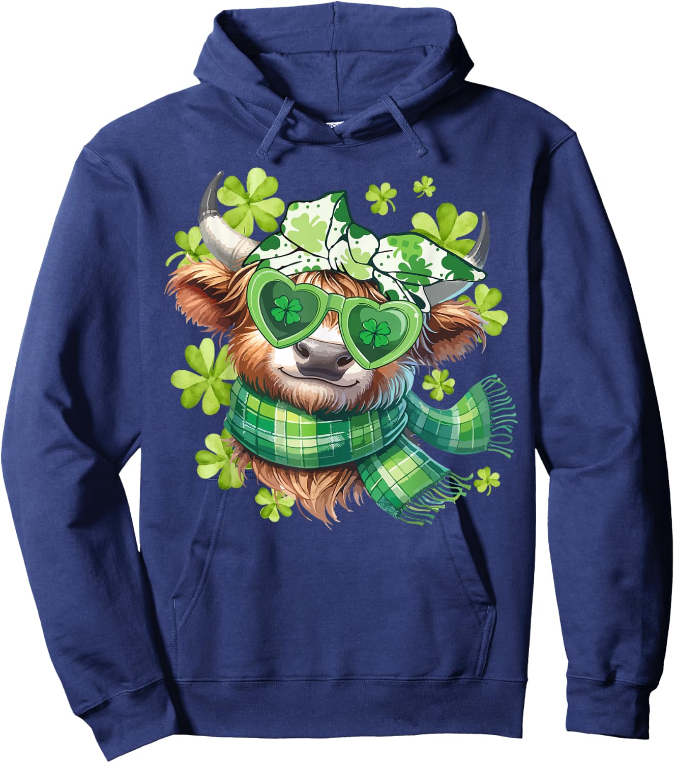 St Patrick's Day Highland Cow Lucky Shamrock Cow Kid Women Hoodie - Hoodie | Navy
