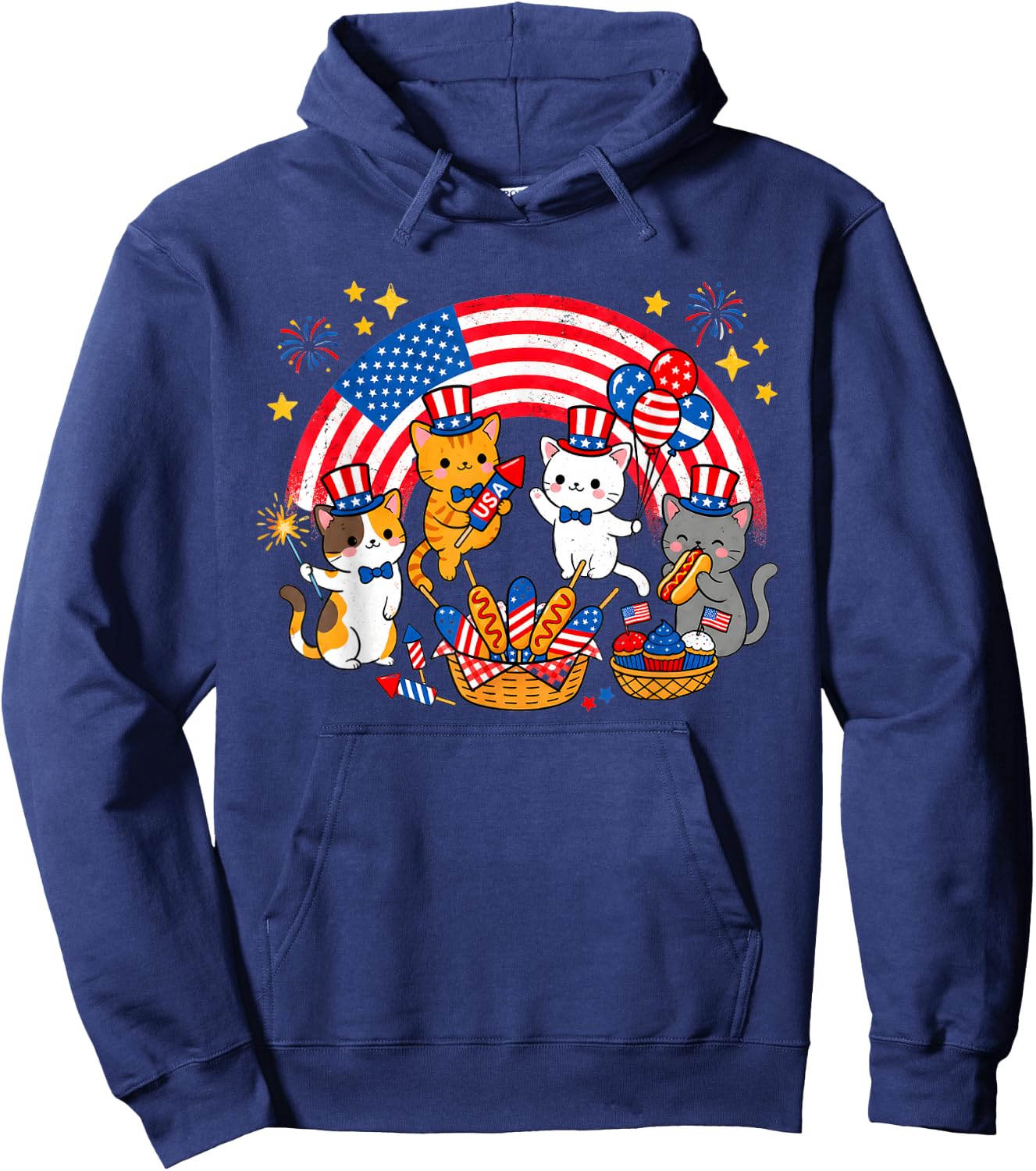 Patriotic Cat 4th of July Firework American Flag Women Girls Hoodie - Hoodie | Navy
