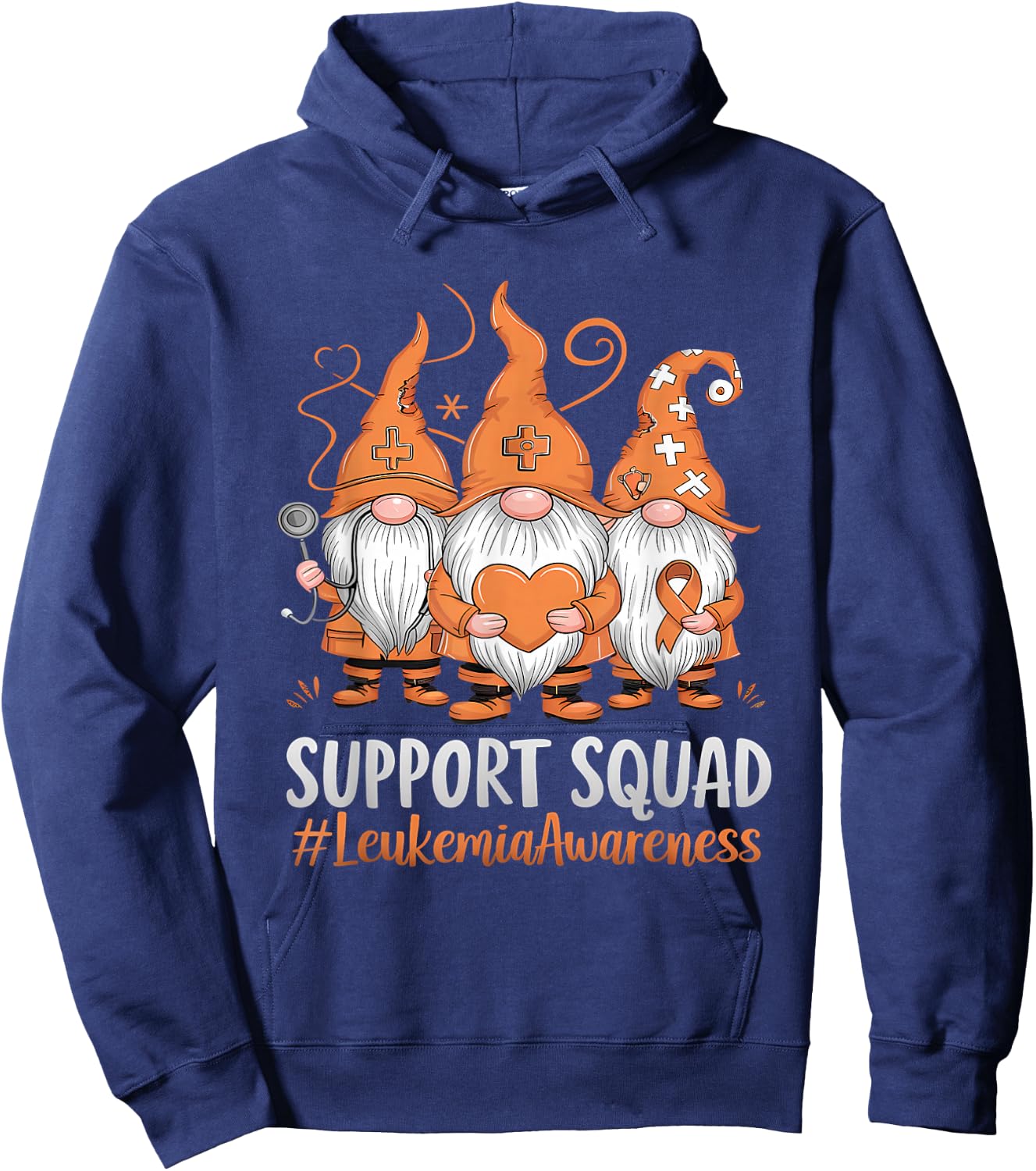 Leukemia Cancer Awareness Gnome Support Squad Orange Ribbon Hoodie - Hoodie | Navy