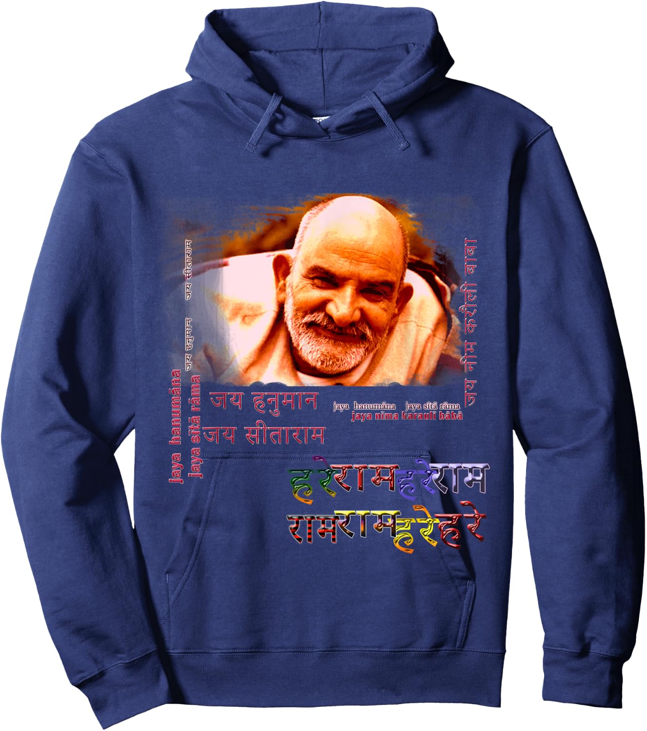 Baba Neem Karoli Maharaj with Hanuman Chalisa on Back Hoodie - Hoodie | Navy