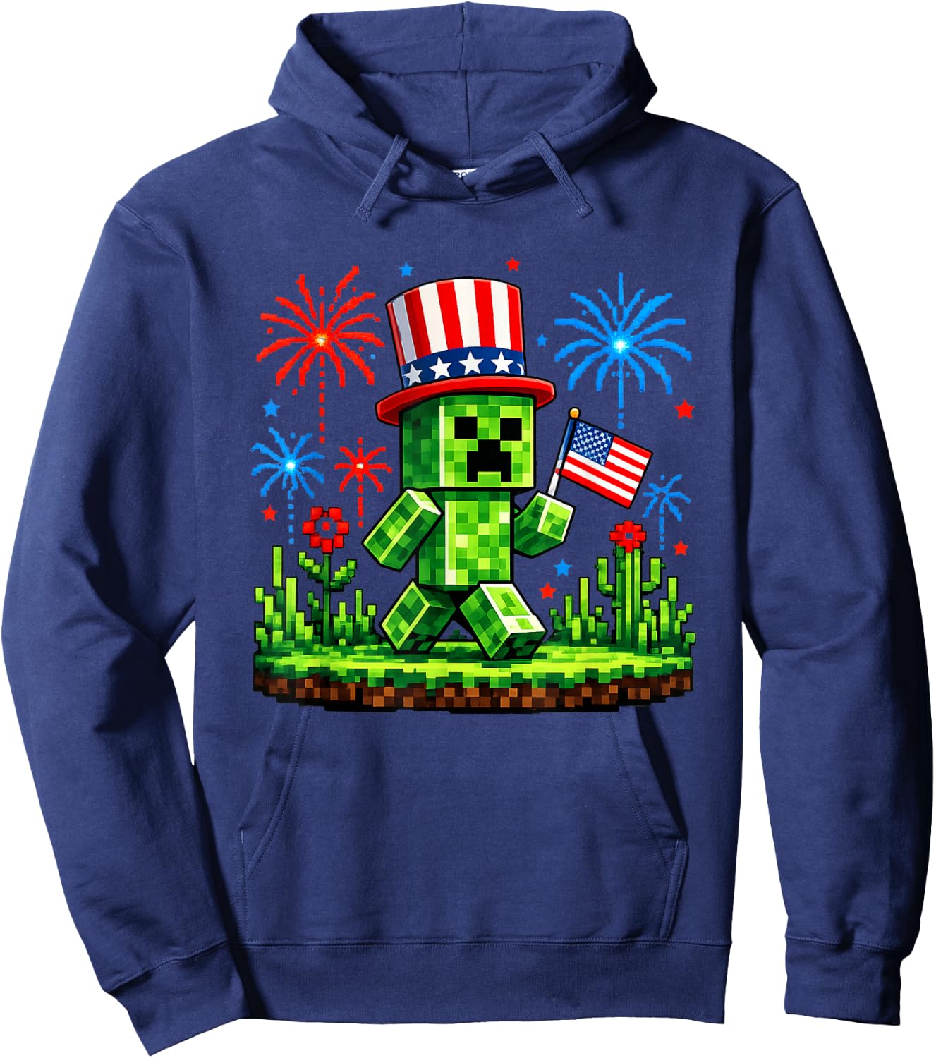 4th of July Gamer Pixel US Flag Patriotic Men Women Kids Hoodie - Hoodie | Navy
