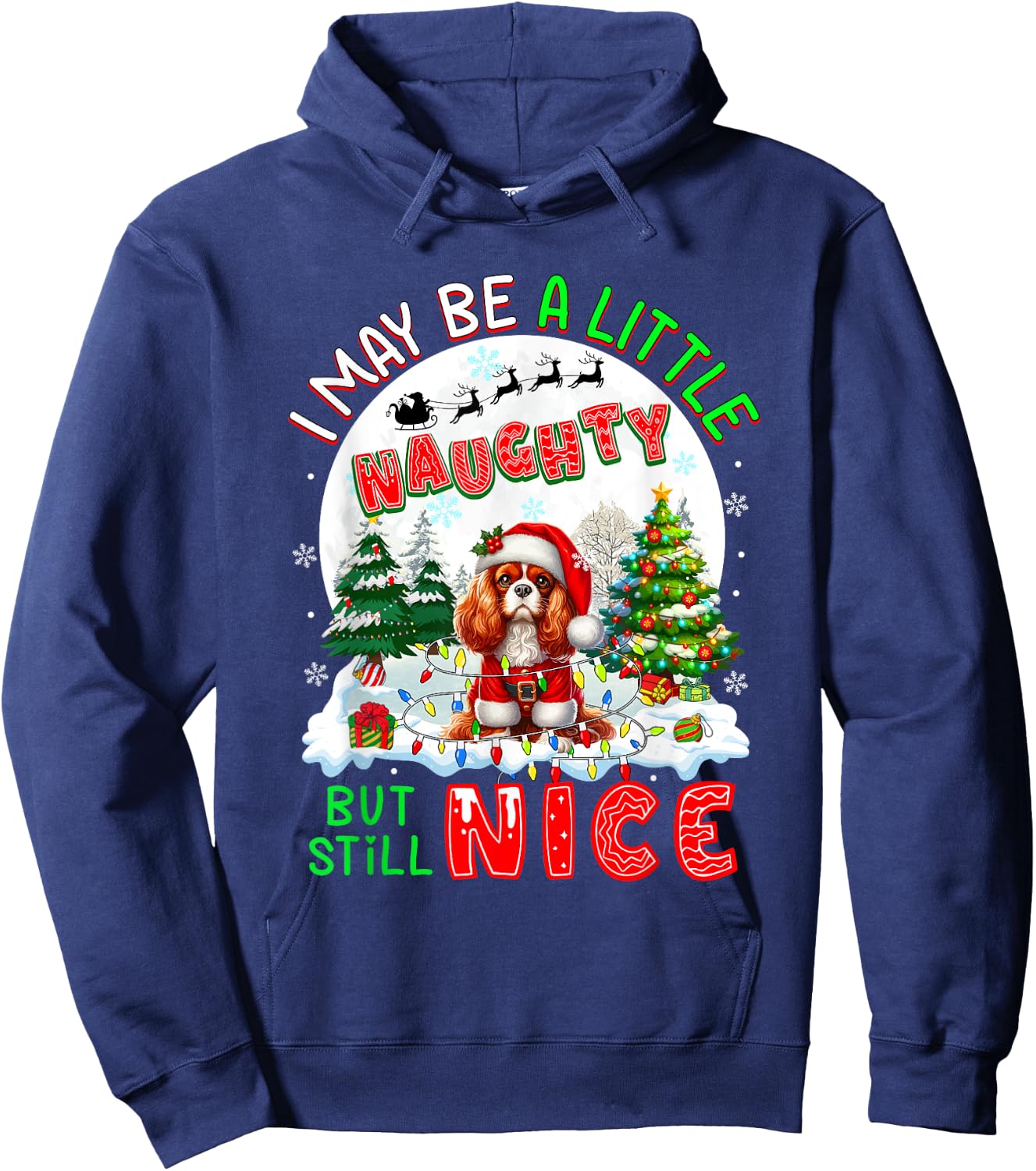 Little Naughty But Nice Xmas Cavalier King Charles Spaniel Hoodie - Hoodie | Navy