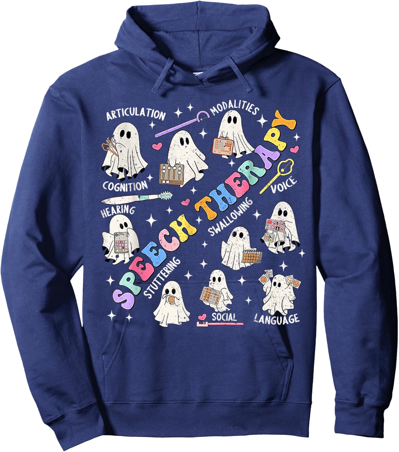 Speech Therapy Retro Groovy Funny Halloween Ghost Therapist Hoodie - Hoodie | Navy