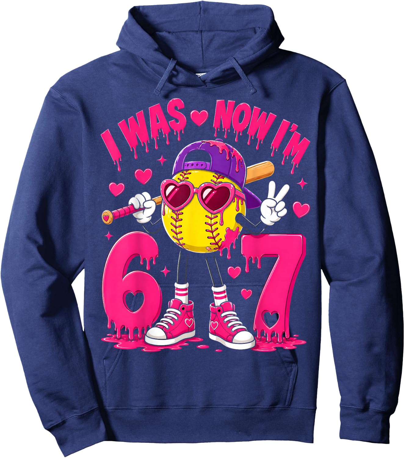 7th Birthday Boy Softball Ice Cream Drip 7 Year Old Party Hoodie - Hoodie | Navy