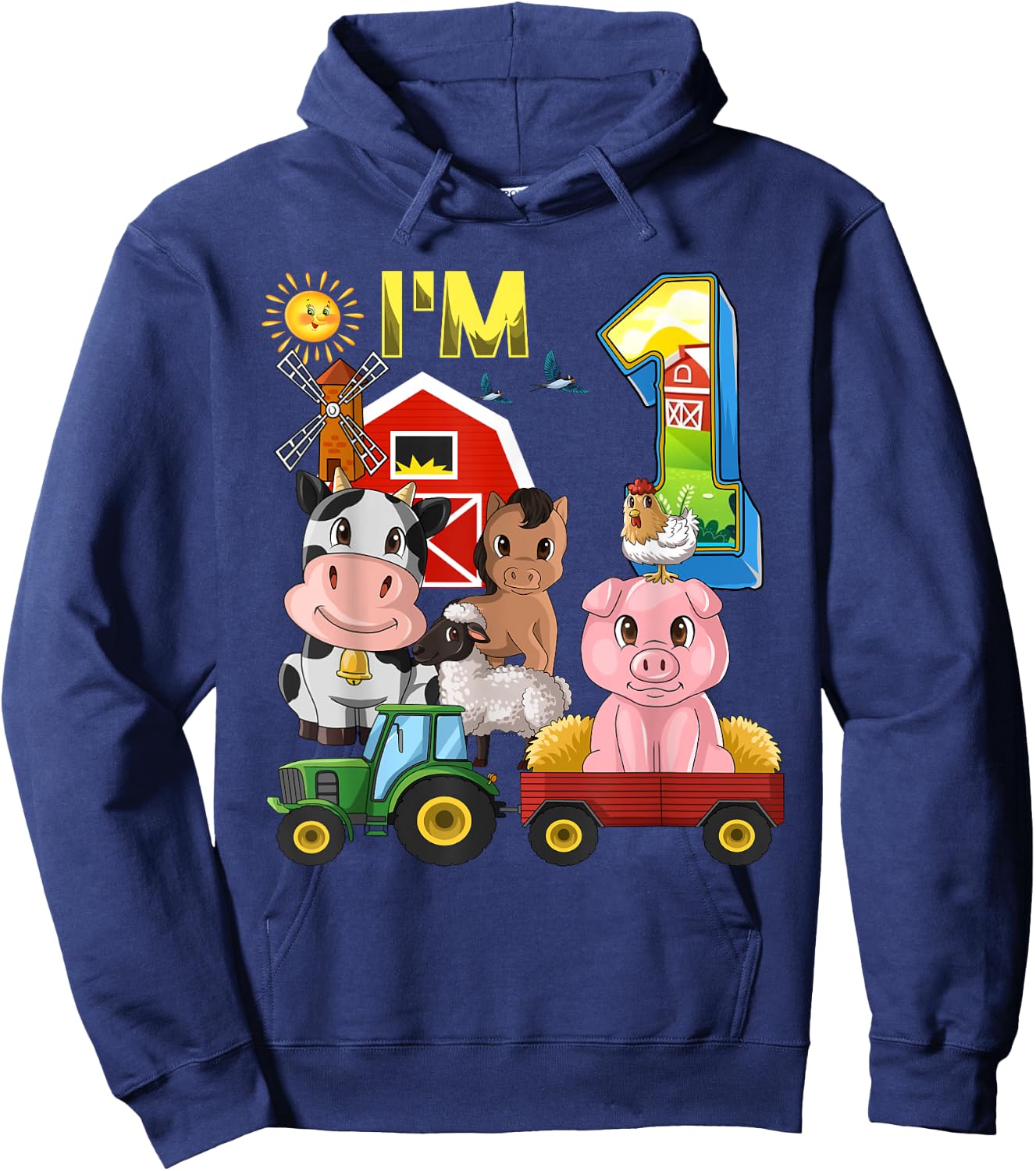 Farm Animals Barnyard Tractor 1st Birthday I'm 1 Year Old Hoodie - Hoodie | Navy