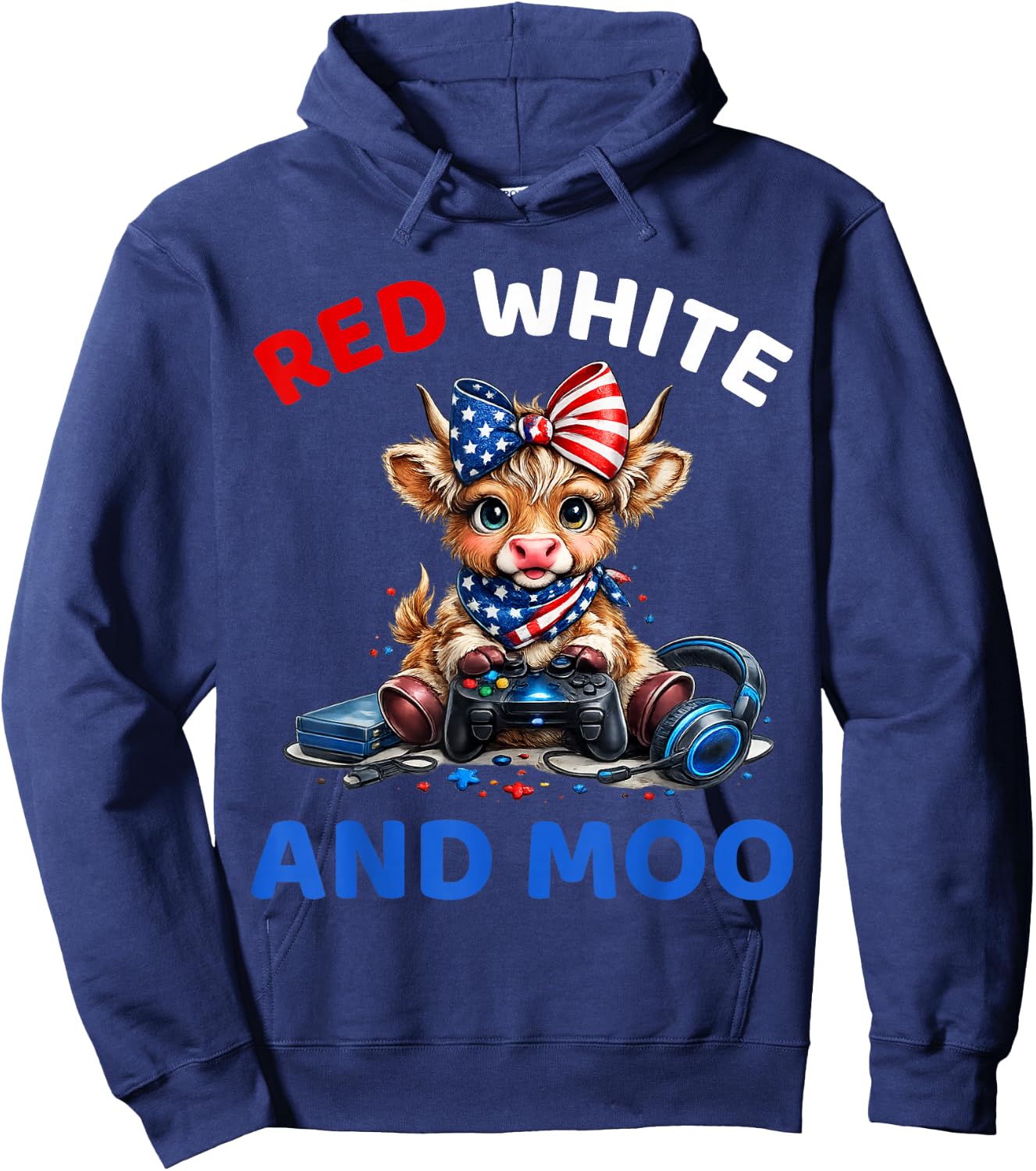 Red White and Moo Funny Highland Cow 4th of July Patriotic Hoodie - Hoodie | Navy