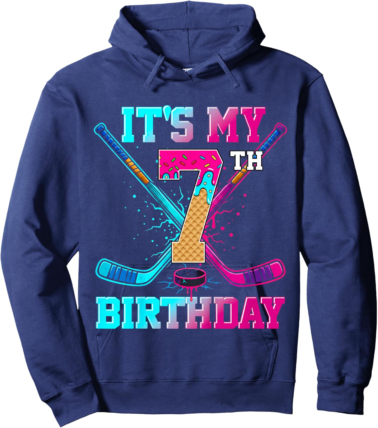 Hockey Ice Cream Drip It's My 7th Birthday Player Birthday Hoodie - Hoodie | Navy