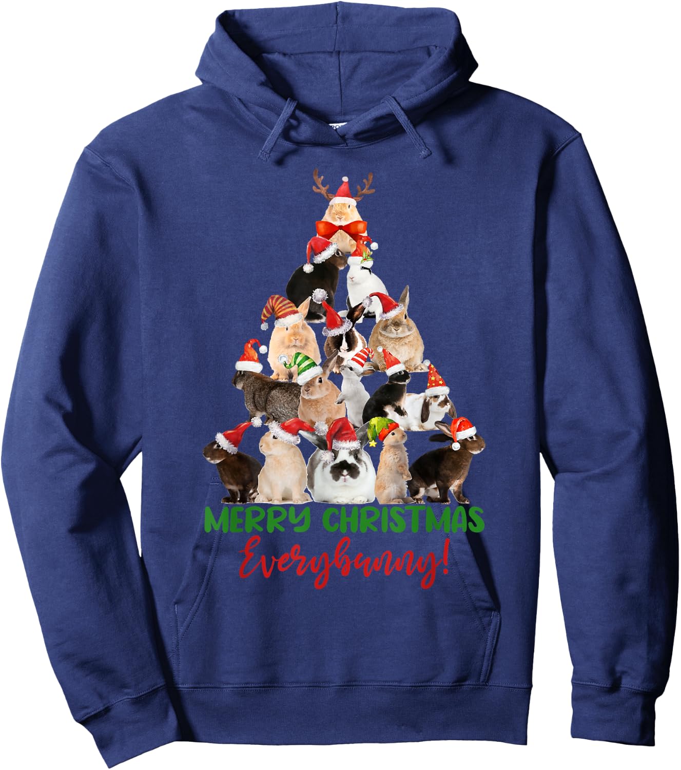 Christmas Tree with Santa Hat Bunnies Cute Holiday Hoodie - Hoodie | Navy