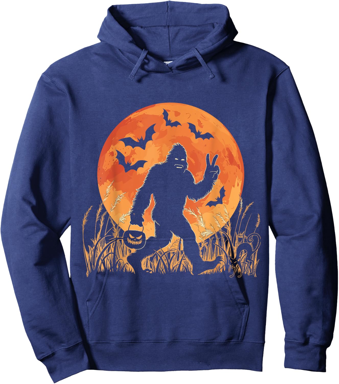 Vintage Bigfoot Pumpkin Halloween Moon Silhouette Sasquatch Hoodie - Hoodie | Navy