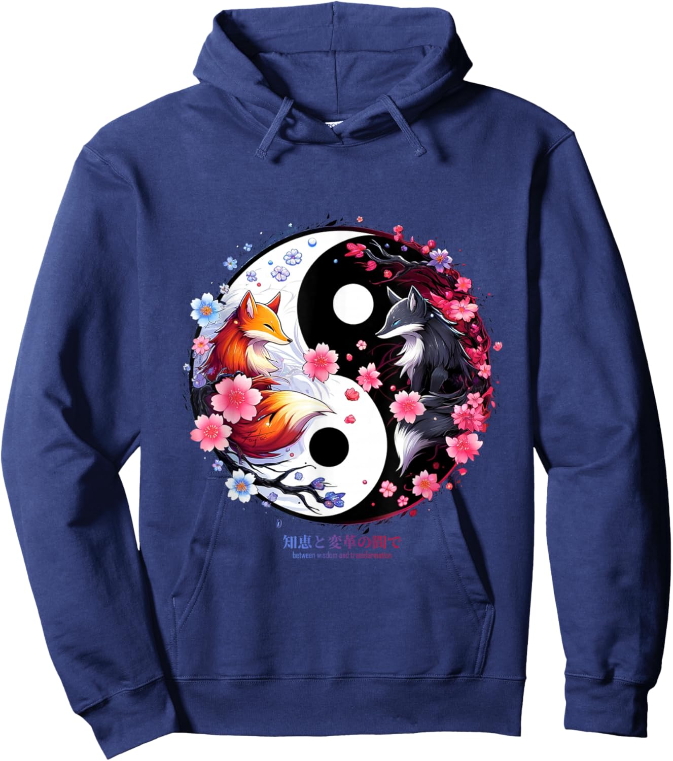 Kitsune Sakura Flower Blossom in Ying Yang Sakura Aesthetic , black Hoodie - Hoodie | Navy