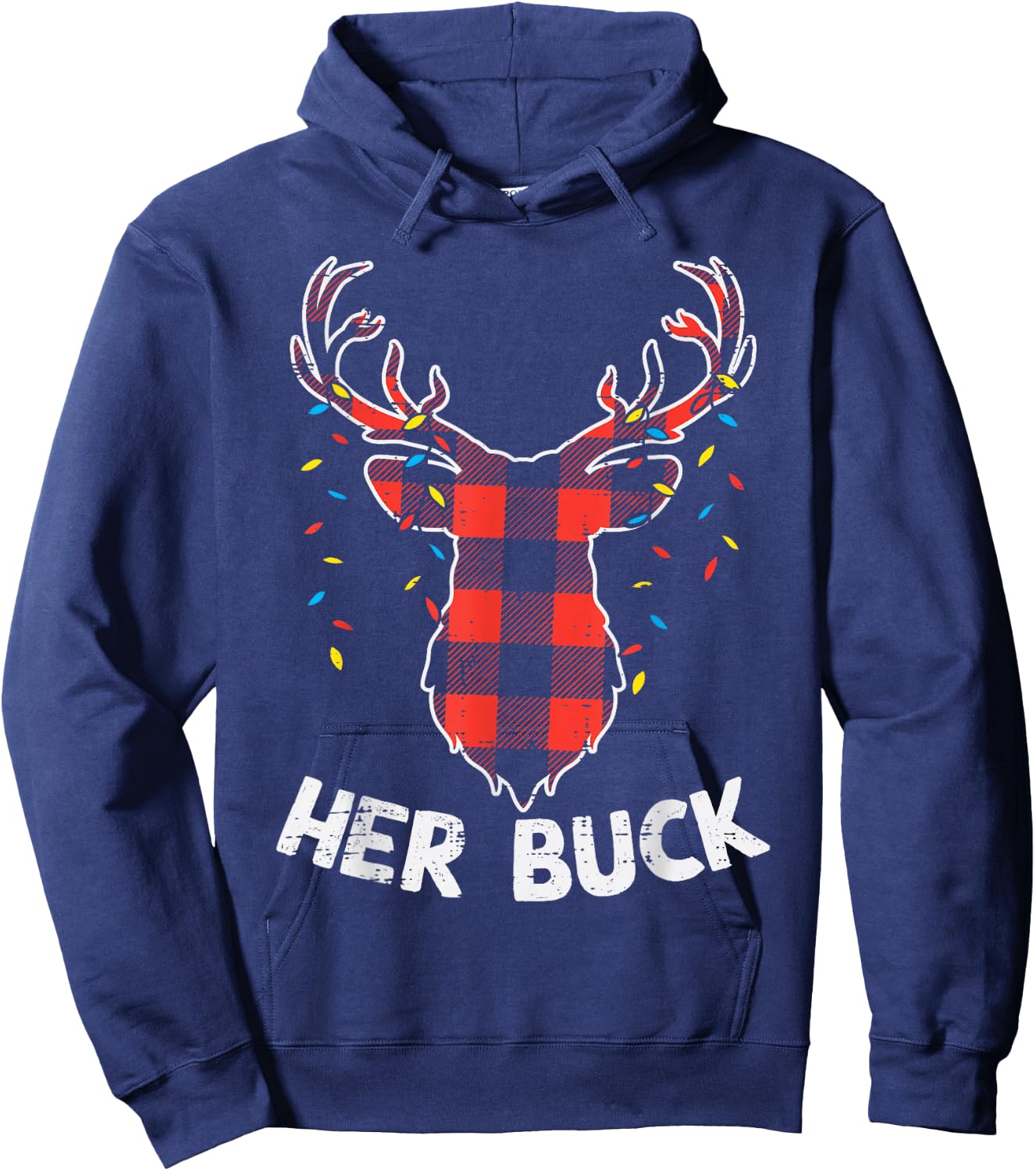 Plaid Reindeer Her Buck Matching Christmas Couple Men PJ Hoodie - Hoodie | Navy